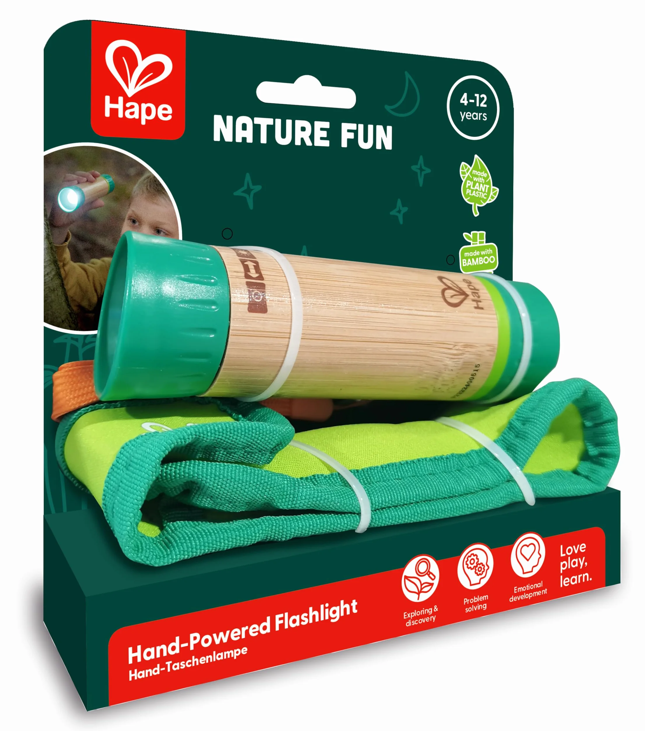 Lampe Torche Enfant Rechargeable Hape - Lampe de Poche Puissante et Sûre pour Enfants dès 4 Ans - Bambou & Plastique Végétal