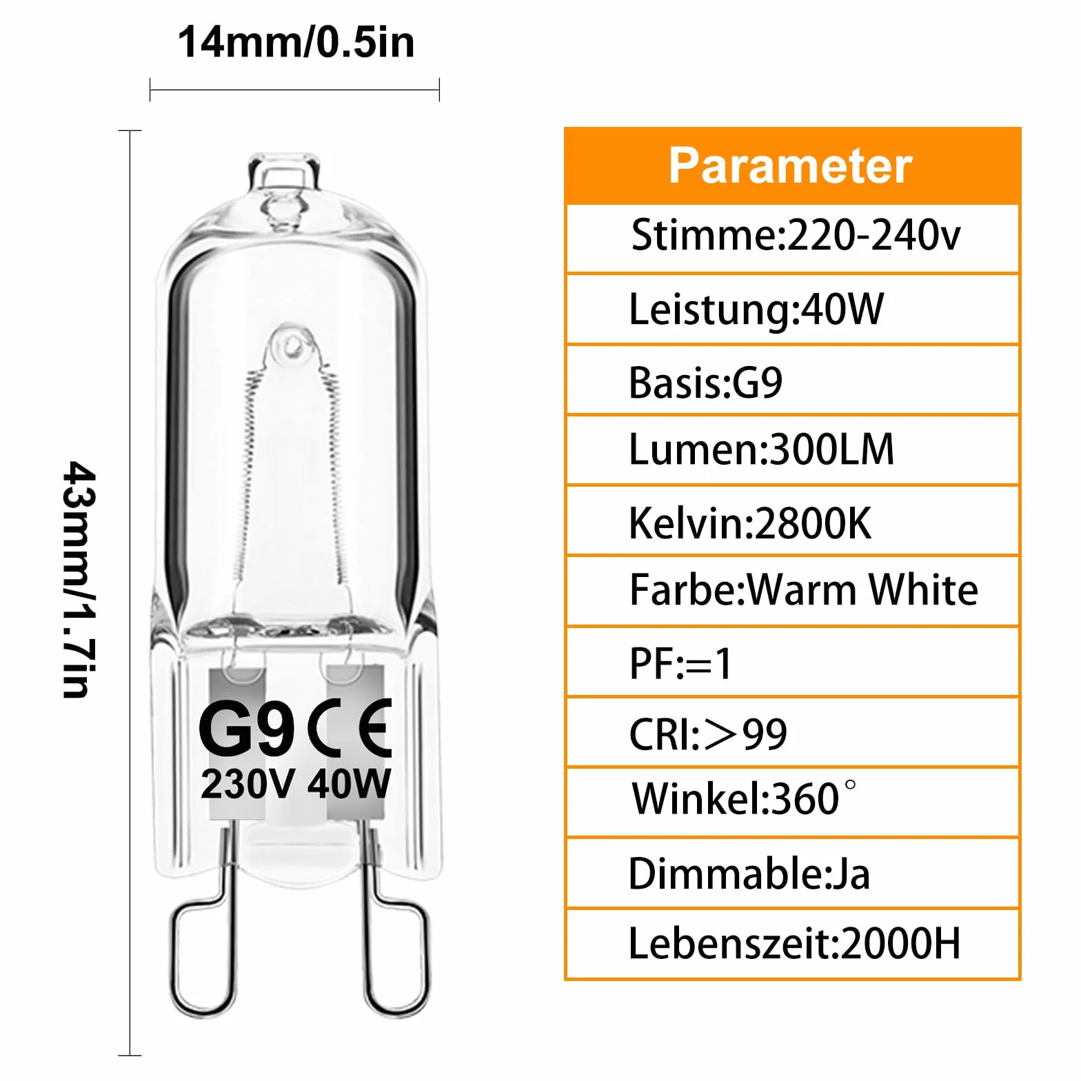 Ampoule G9 40W 230V Dimmable Blanc Chaud Halogène 300°C Four Lot de 12