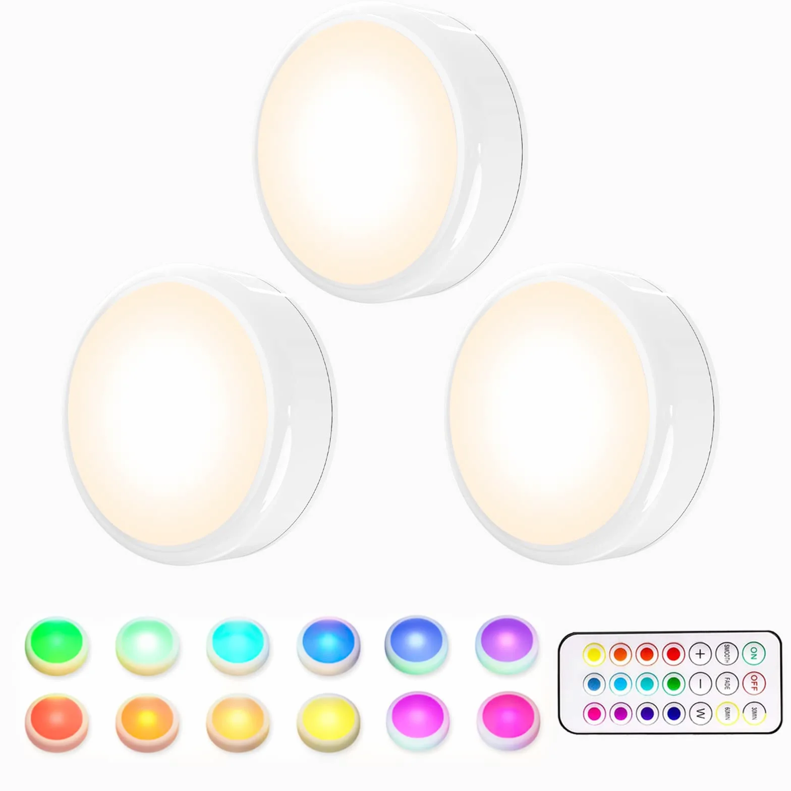 HELPLEX Lampe de Placard LED RGB 16 Couleurs Sans Fil avec Télécommande, Paquet de 3