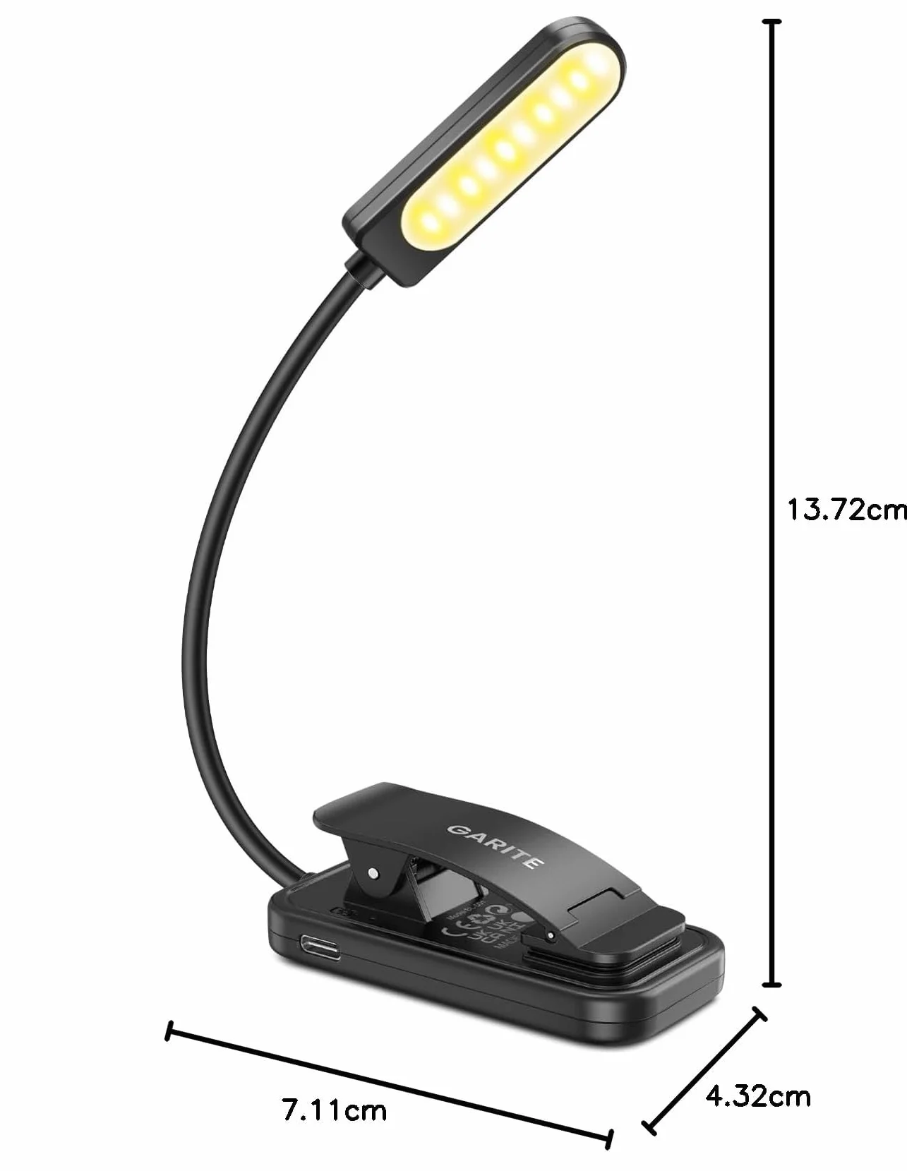 GARITE Lampe de Lecture 10 LED Rechargeable Clip, Gradation 100%-10% 3 Couleurs, Cou Flexible 360°, Lampe Livre Nocturne