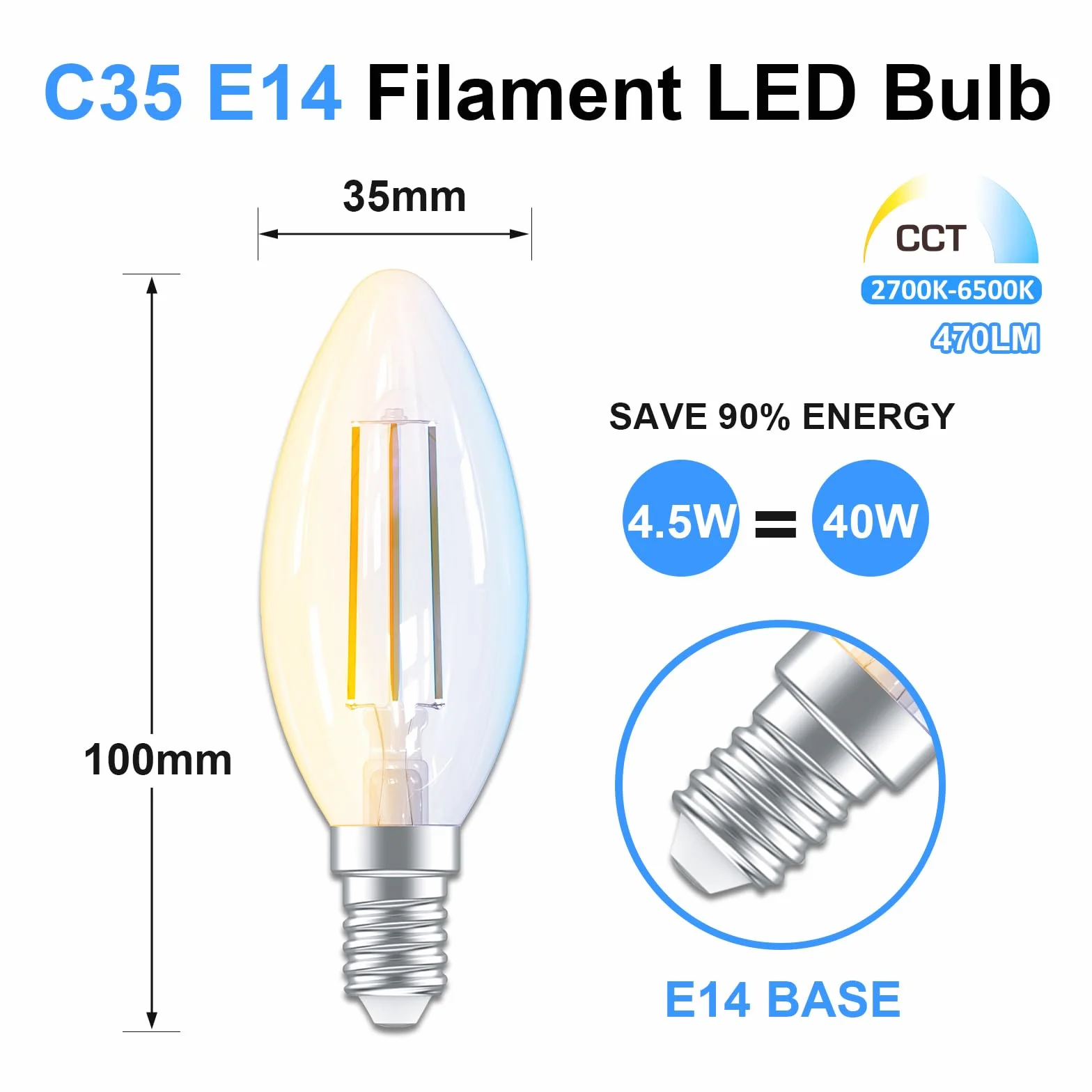 ANTELA Ampoule LED Intelligente E14 C35 4,5W 470LM 2700K-6500K Compatible Alexa Google Home 2PCs