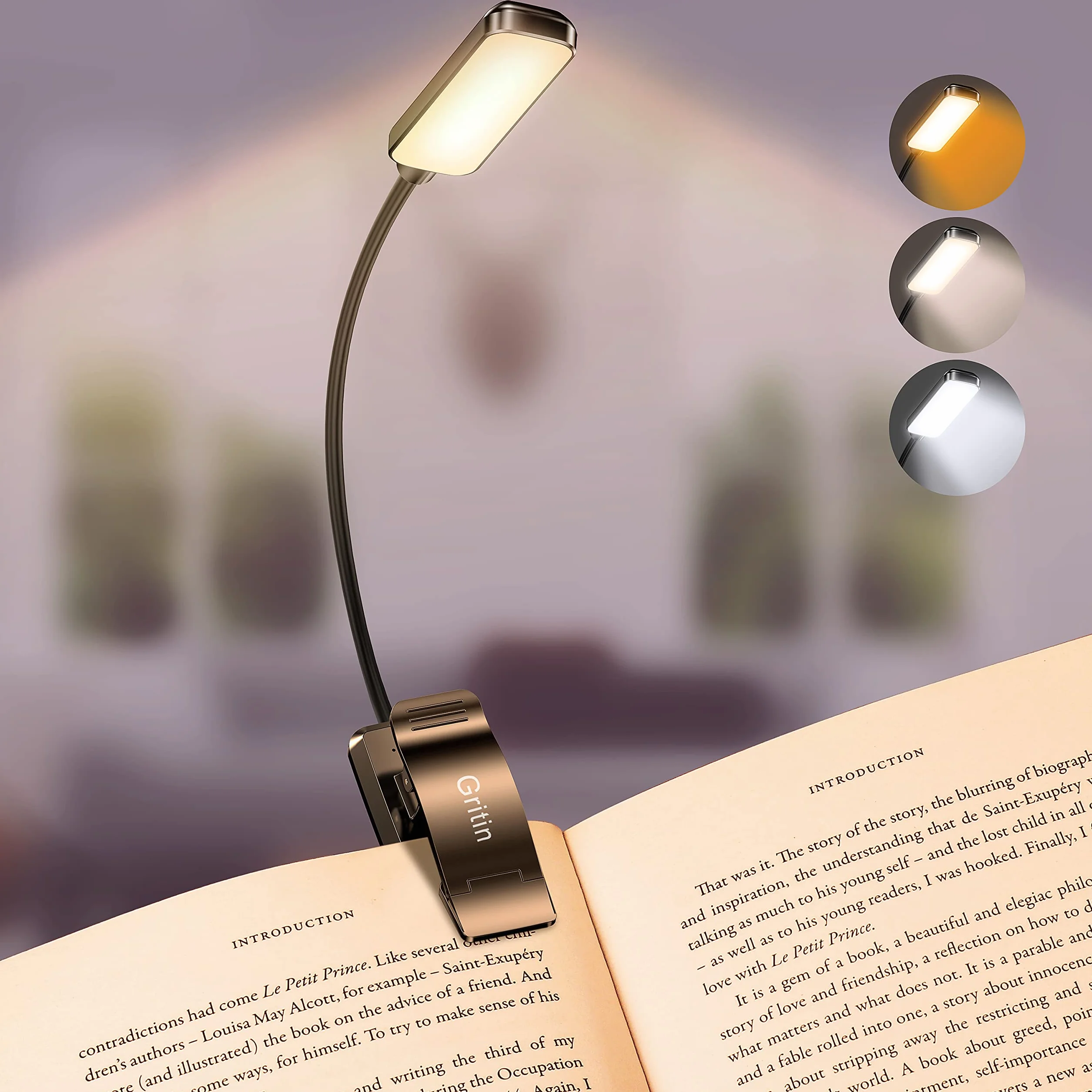 Gritin Lampe de Lecture Rechargeable 9 LED Liseuse Clip Gradation Progressive 3 Modes Protection des Yeux 360° Cou Flexible