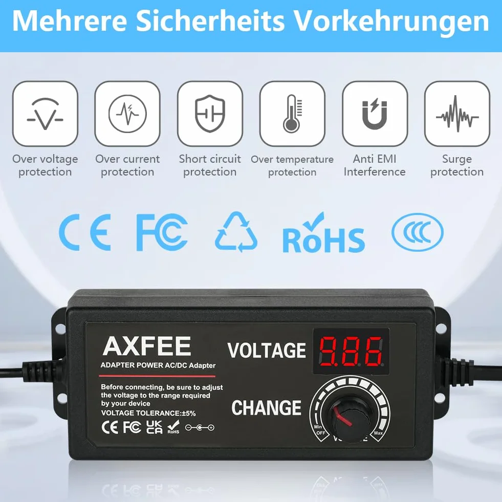 AXFEE Alimentation réglable 72W 24V 3A Adaptateur universel 11 DC pointes 100-240V AC à DC 3-24V