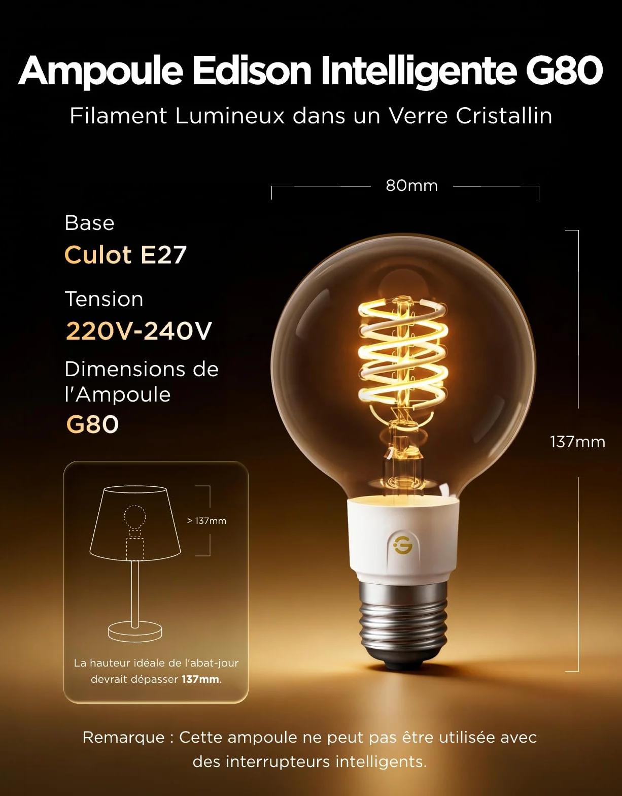 Govee Ampoule Connectée Edison E27 Lampe LED Vintage RGBWW G80 Compatible Matter Google Assistant Dimmable Lot de 2