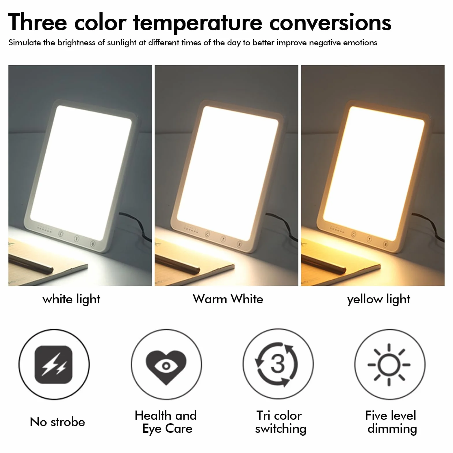 Lampe de Luminothérapie Sans UV, Lumière du Jour, 3 Températures de Couleur, 6 Minuterie, Puissante pour le Moral (Blanc)