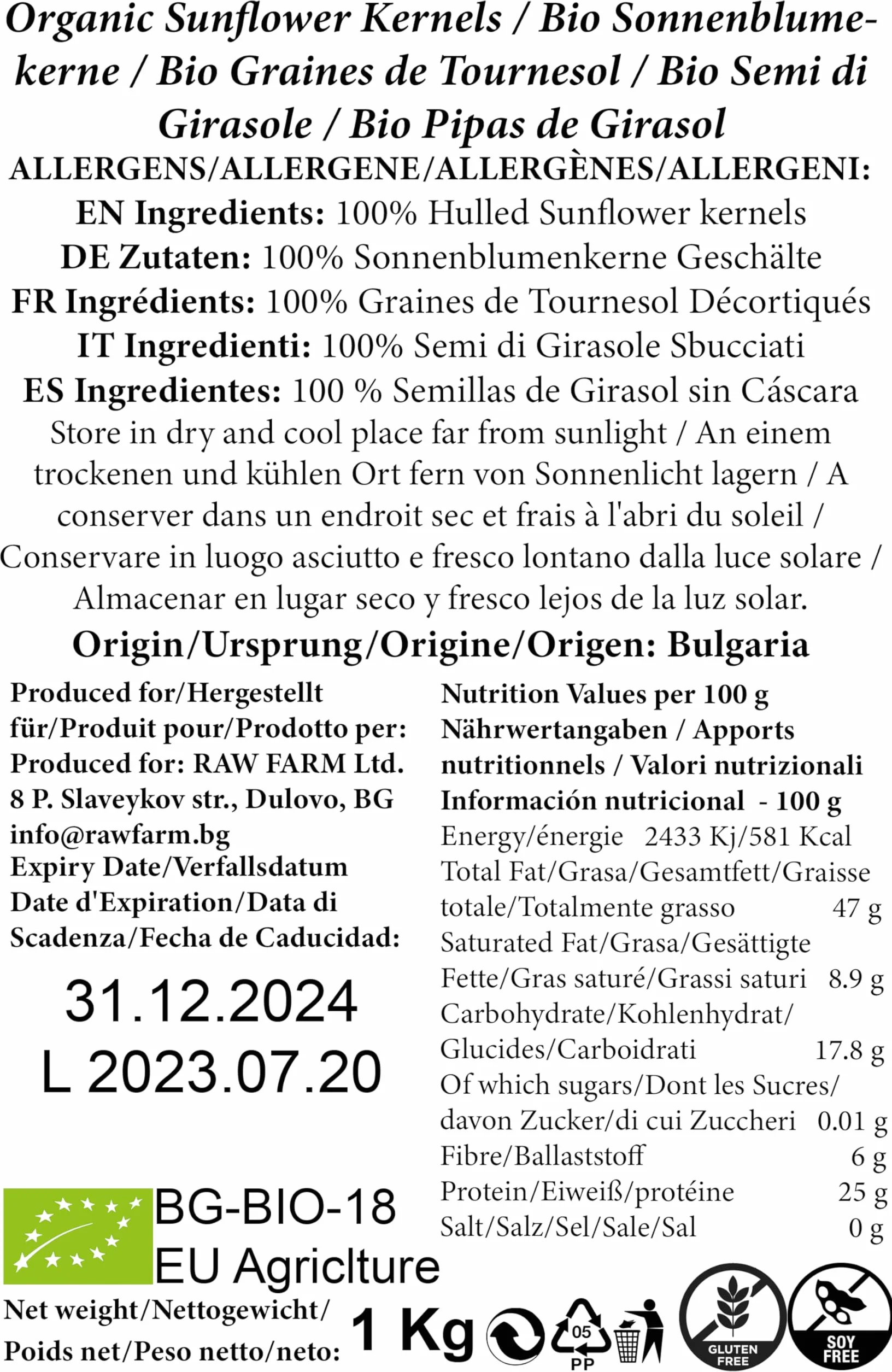 Graines de tournesol bio décortiquées 1 kg Raw Farm