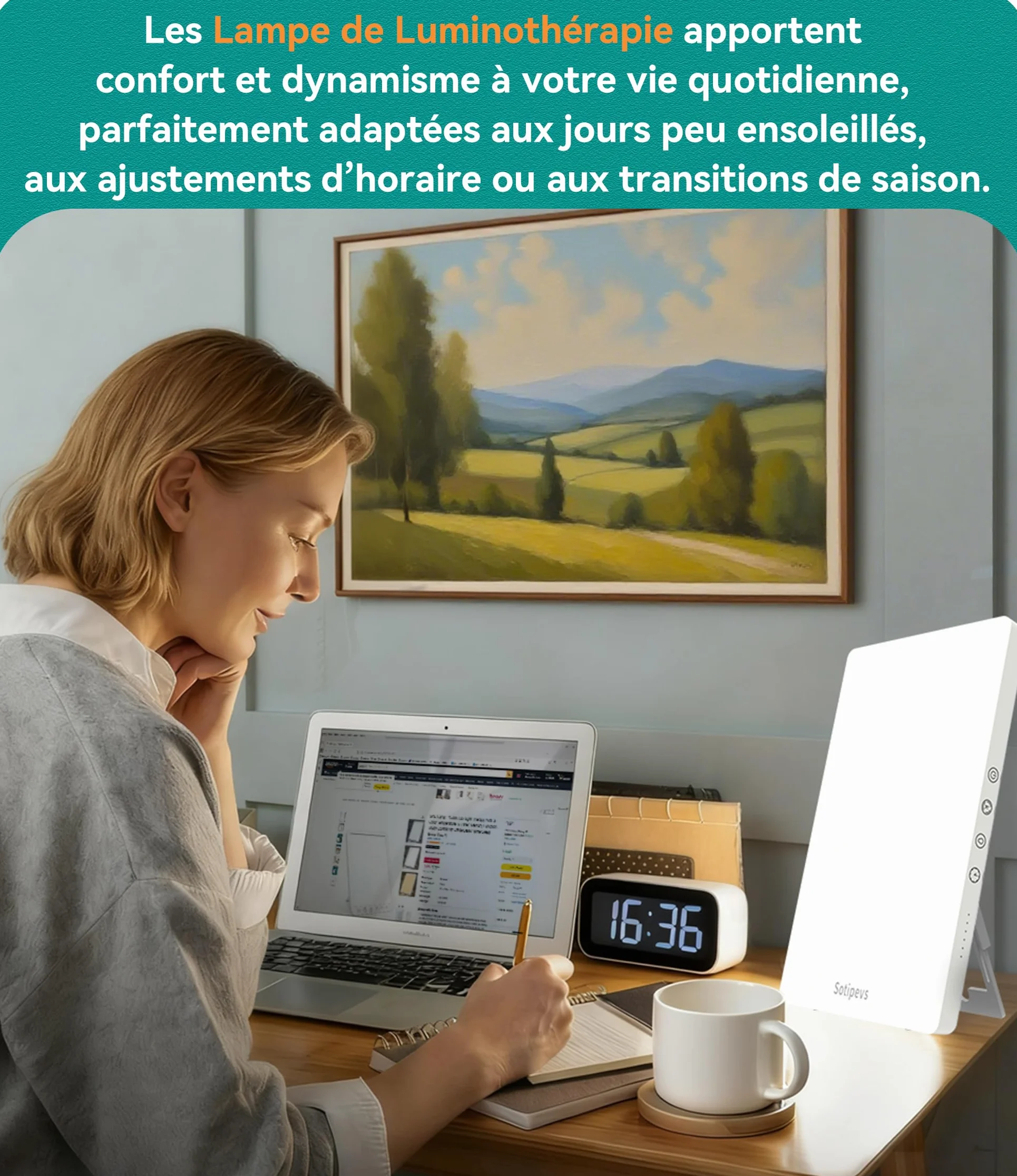 Lampe de Luminothérapie 15000 Lux, 30cm, 3 Températures de Couleur, 5 Niveaux de Luminosité