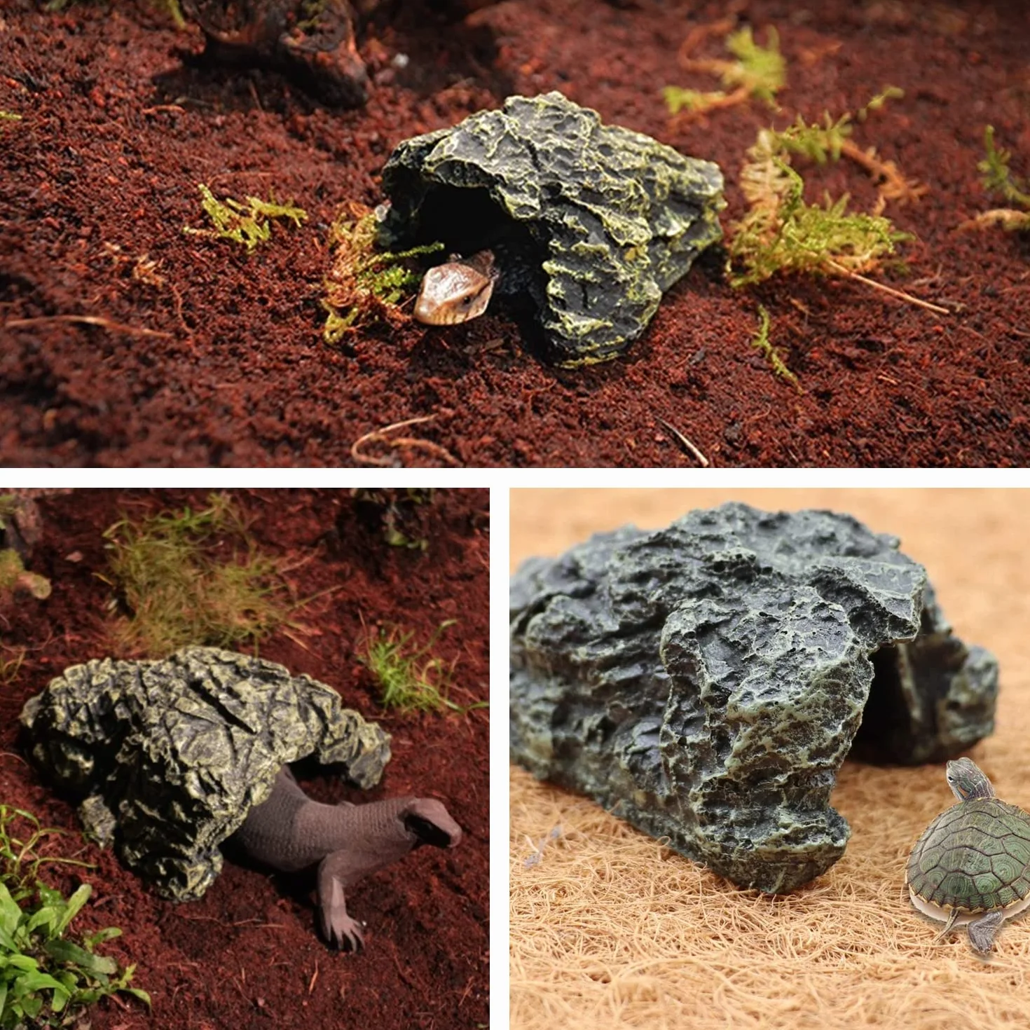 Cachette Reptile Caverne pour Reptile Terrarium Tortue Terrestre Plate-Forme Abri Roches Résine Île Flottante Aquarium Décor Pierre (L)