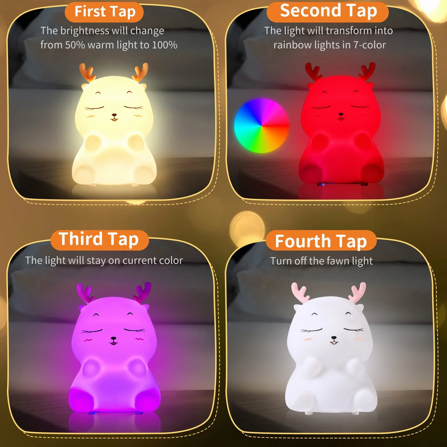 Veilleuse Enfant Rechargeable 7 Couleurs LED Silicone Lampe de Chevet Tactile Cerf