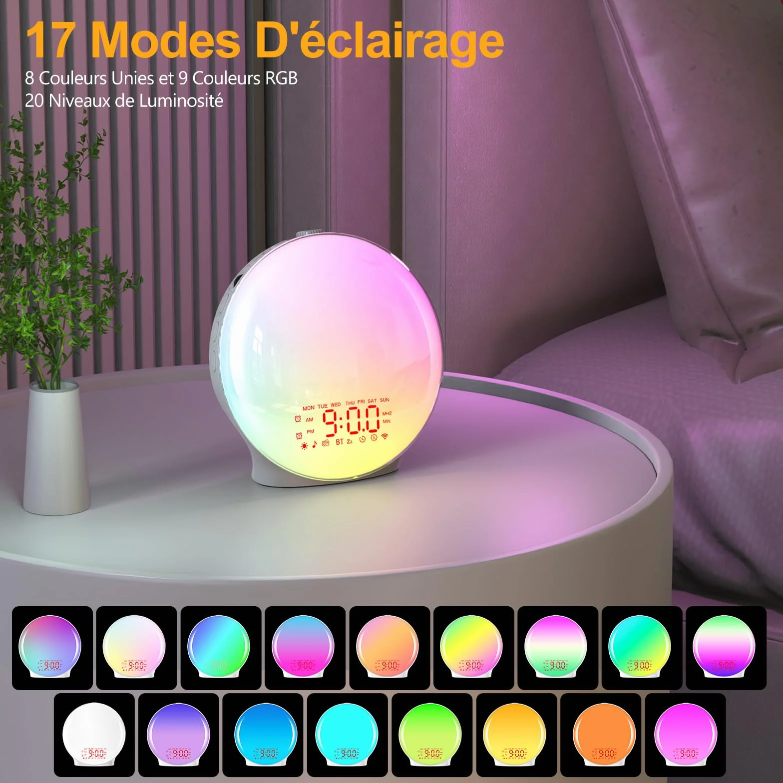 Réveil Lumière Bluetooth Radio Eveil Matin Lampe de Chevet 20 Niveaux Luminosité Simulateur Aube Crépuscule 2 Réveils 22 Sons Naturels Fonction Snooze 17 Couleurs Veilleuse
