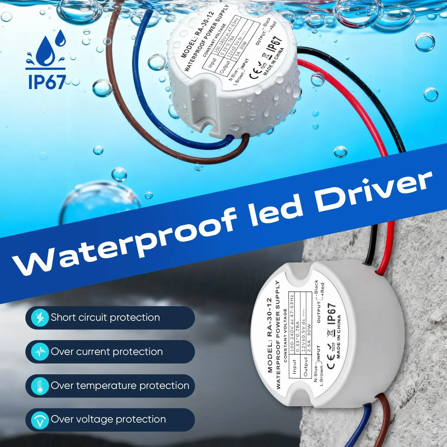 Transformateur LED 12V 30W 2.5A IP67 Étanche Alimentation Rond Ø48mm avec 2 Connecteurs