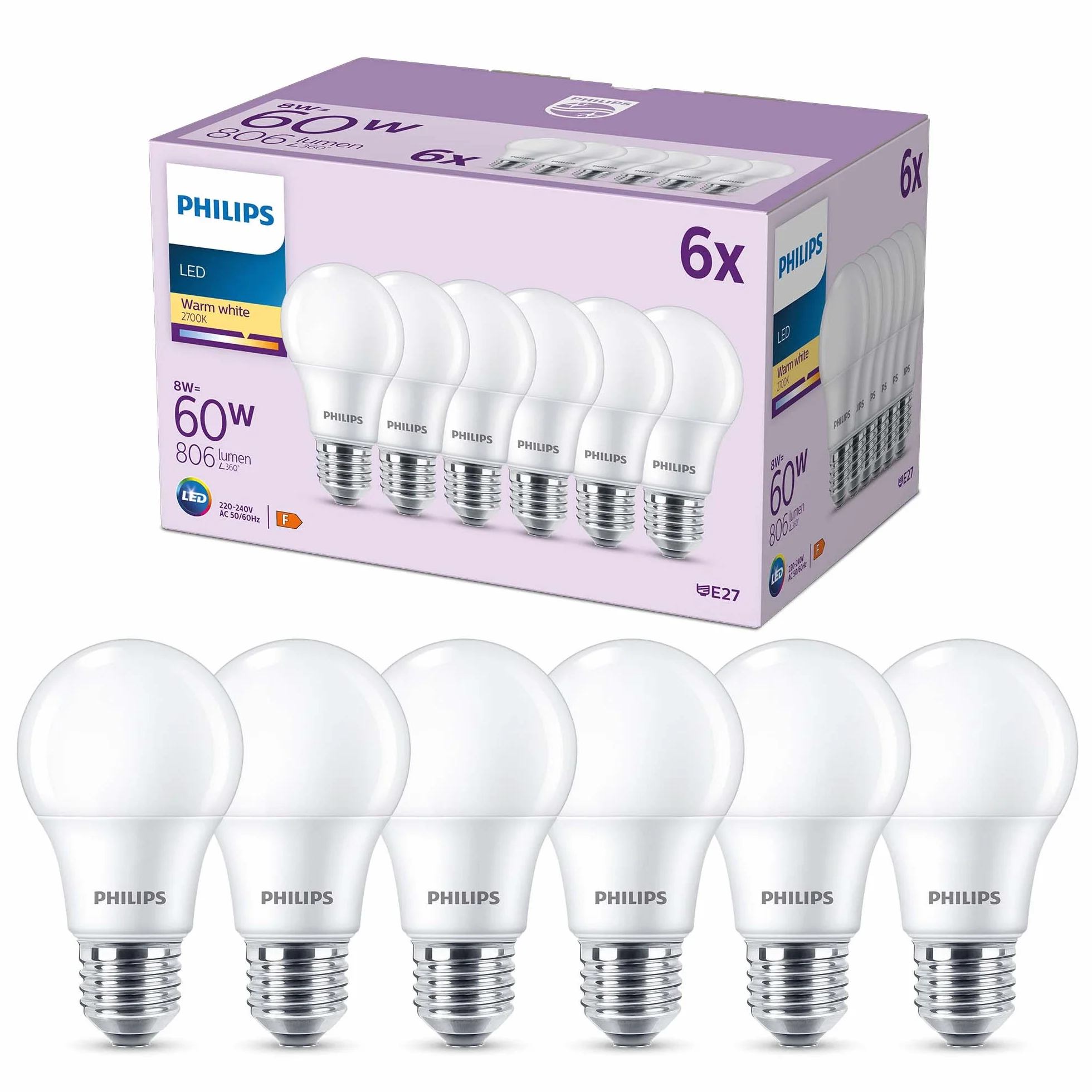 Philips pack de 6 ampoules LED E27 60W blanc chaud