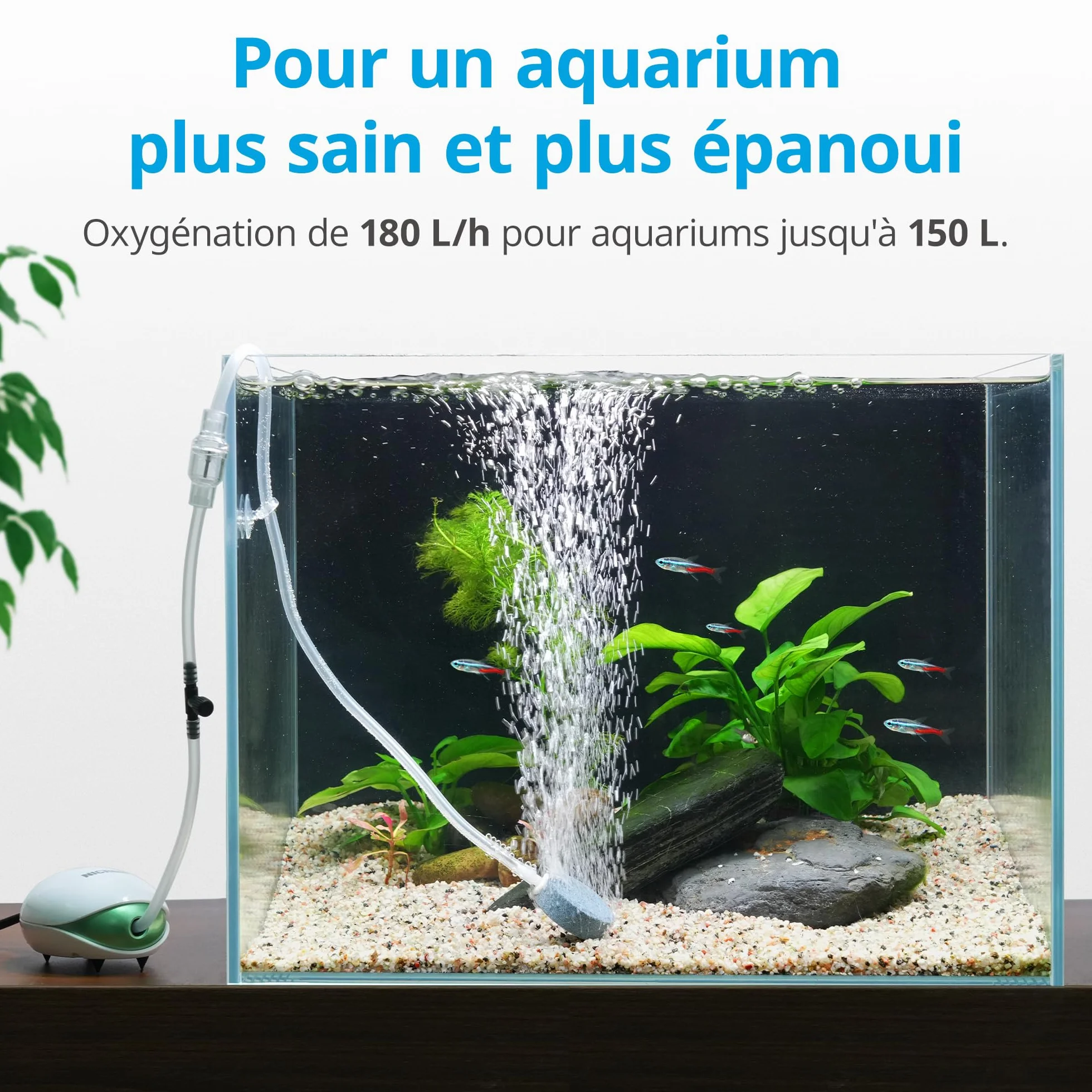 NICREW Pompe à Air Aquarium Ultra-Silencieux 150 L 1,7 W <35 DB avec Pierre à Bulles