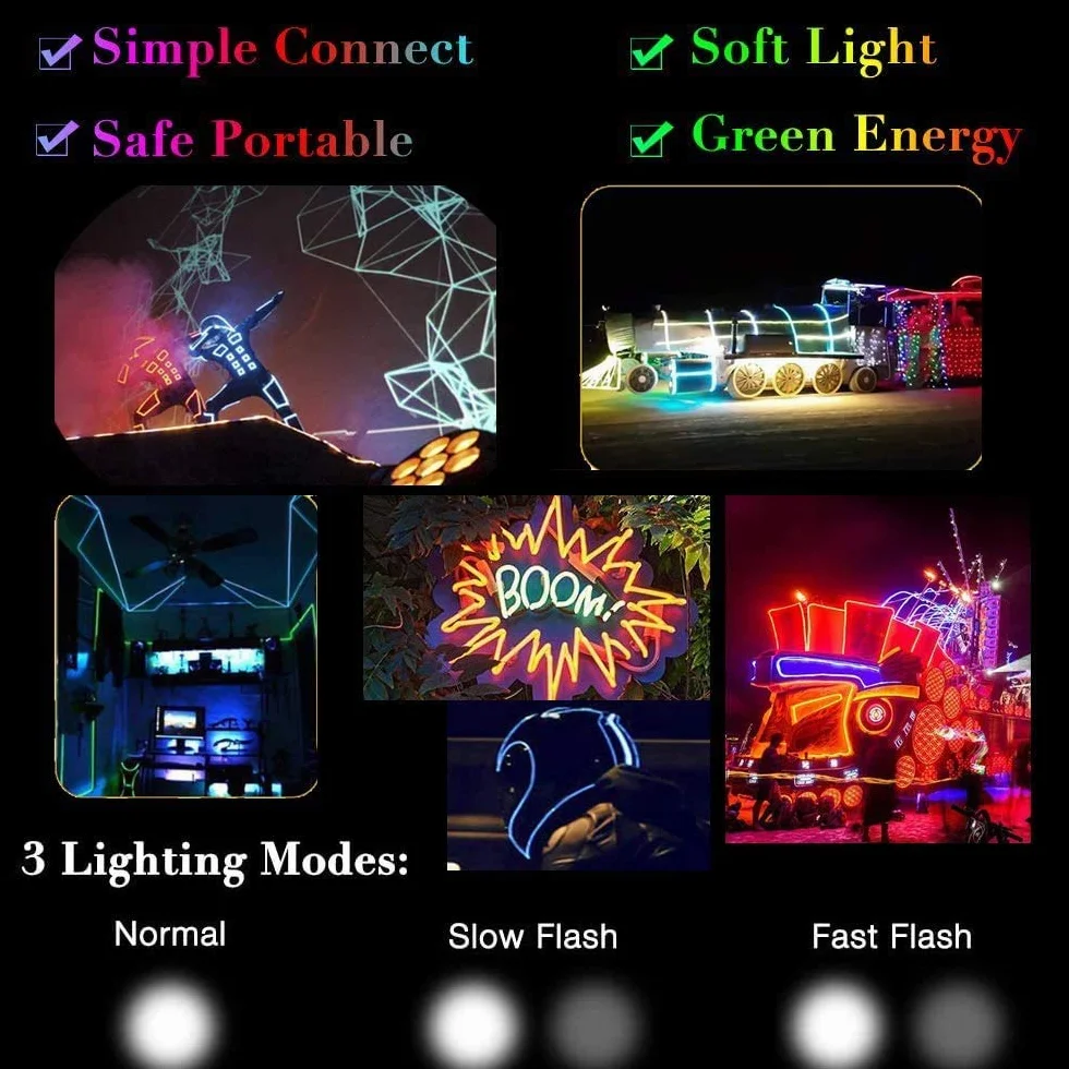 Néons électroluminescents portables 2,7 m avec batterie Lot de 5 pour fêtes Halloween décoration