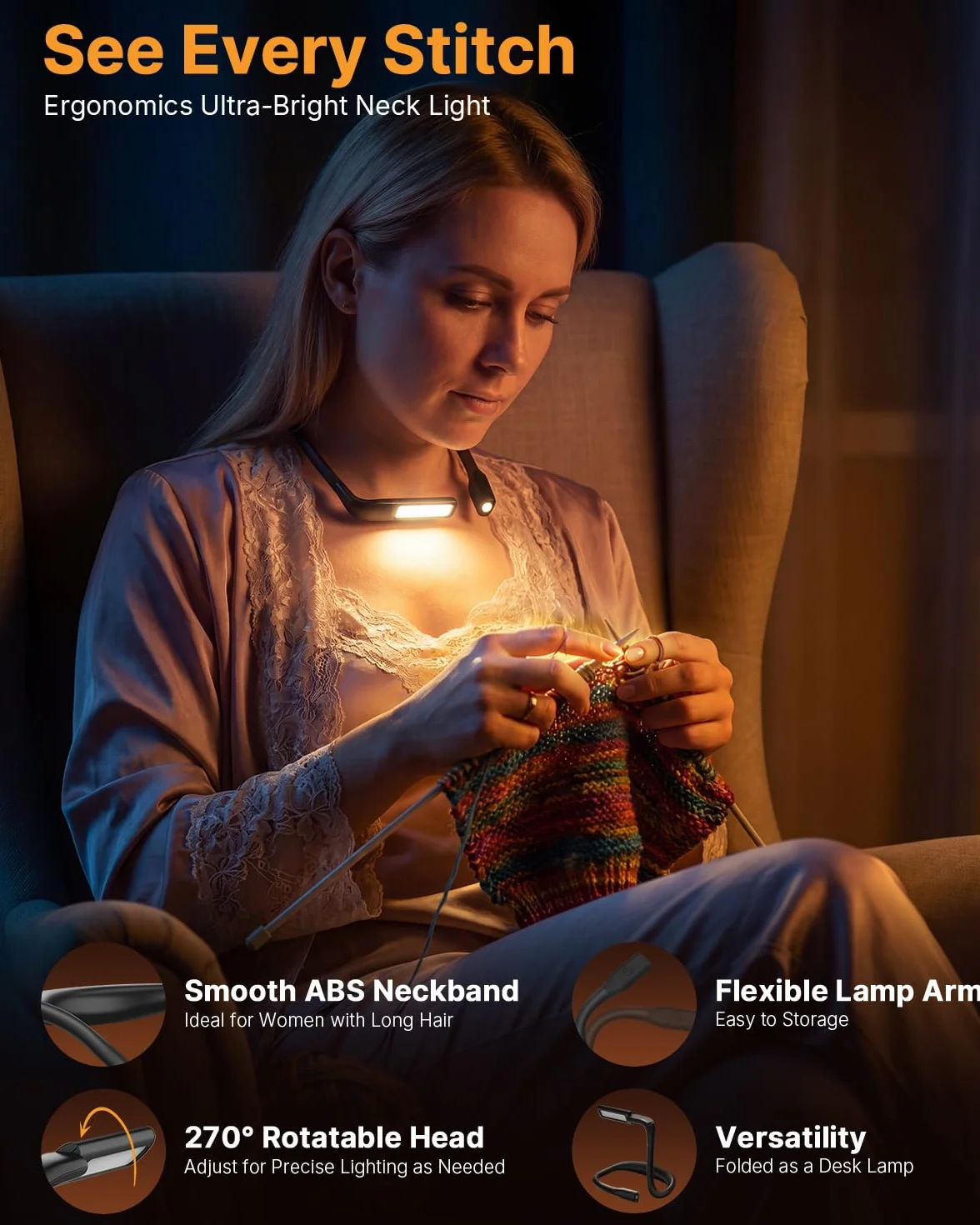 Liseuse Lampe de Lecture de Cou Rechargeable LED Flexible 3 Couleurs pour Livre Tricoter Couture Camping