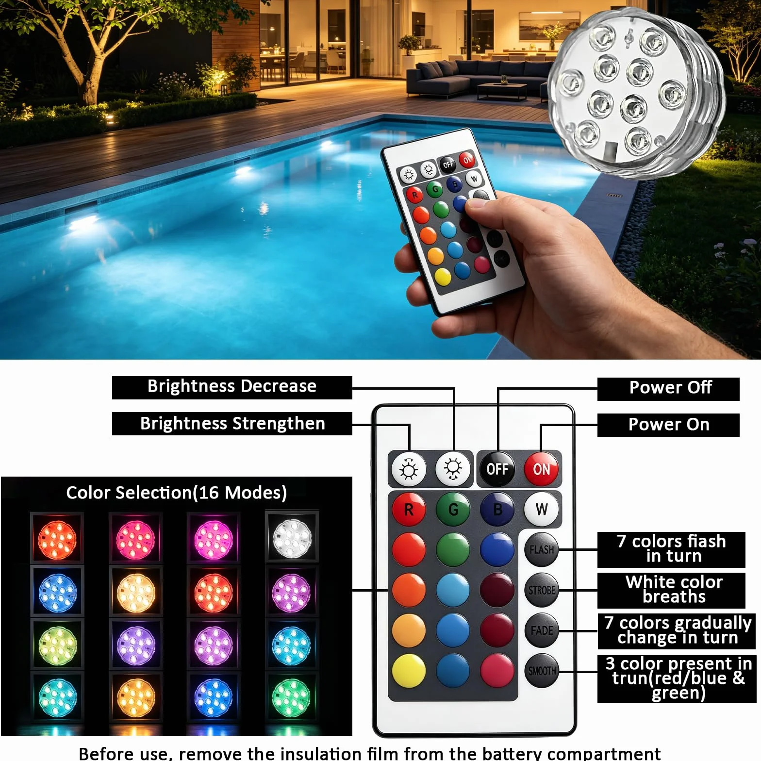 Lumière LED Submersible 16 Couleurs RGB Étanche IP68 pour Piscine Étang