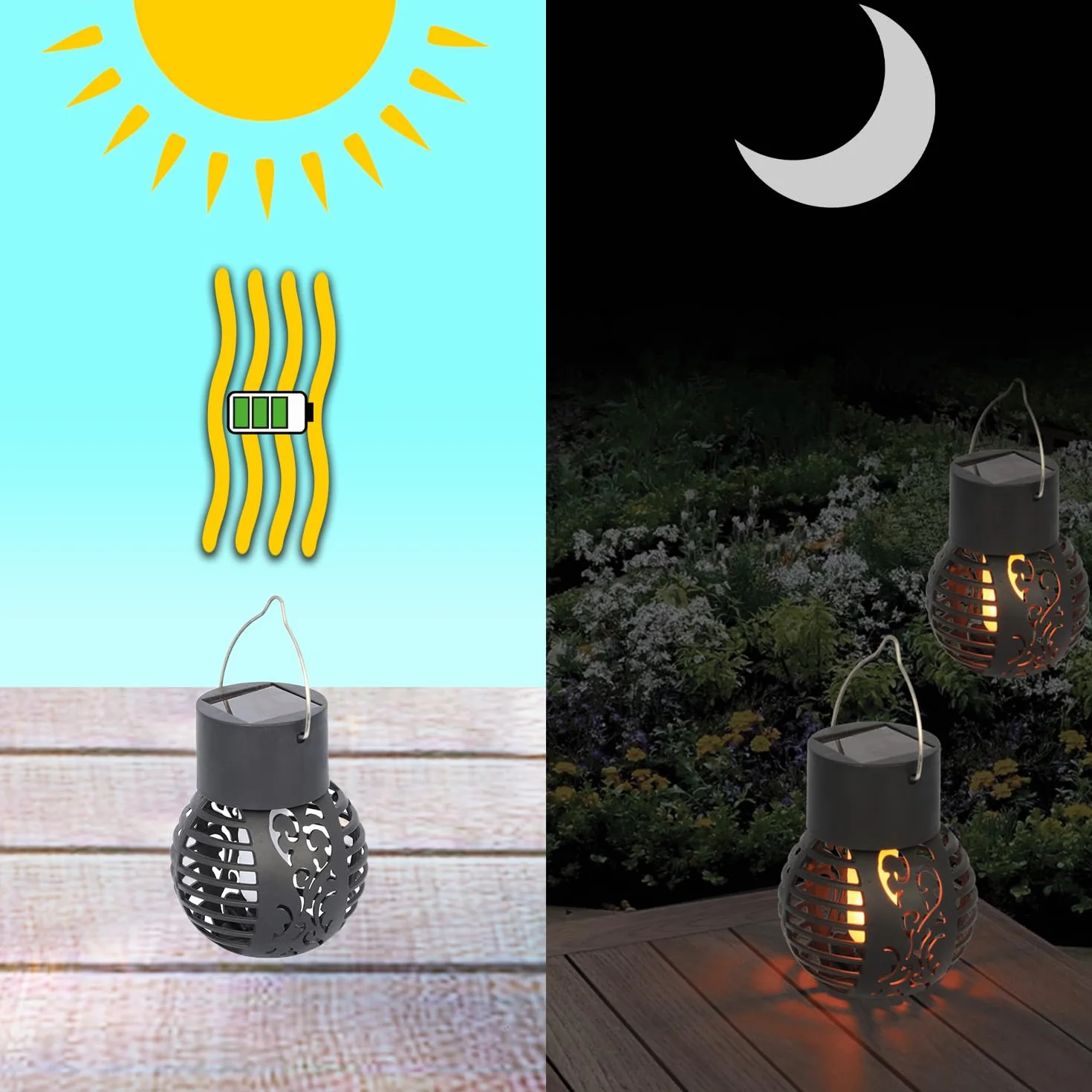 Lampe solaire suspendue LED effet flamme Noir