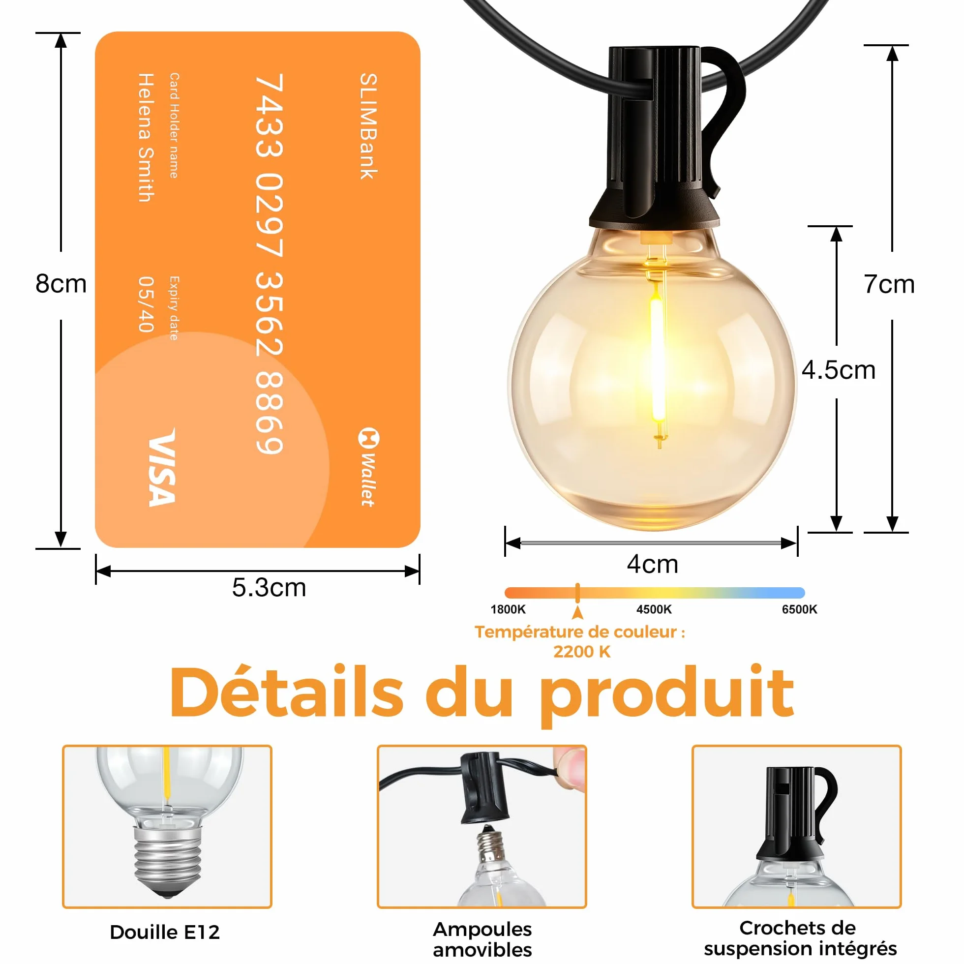 Guirlande Lumineuse Exterieure 10M IP45 Imperméable Connectable LED G40 Ampoules Plug&Play