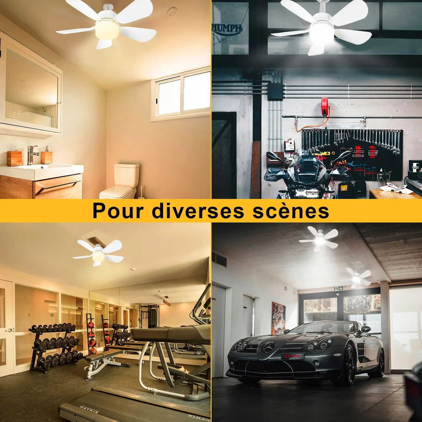 Ventilateur à Douille avec E27 Base LED Plafond Lumière Télécommande 50CM Salle de Bain Cuisine Chambre Garage