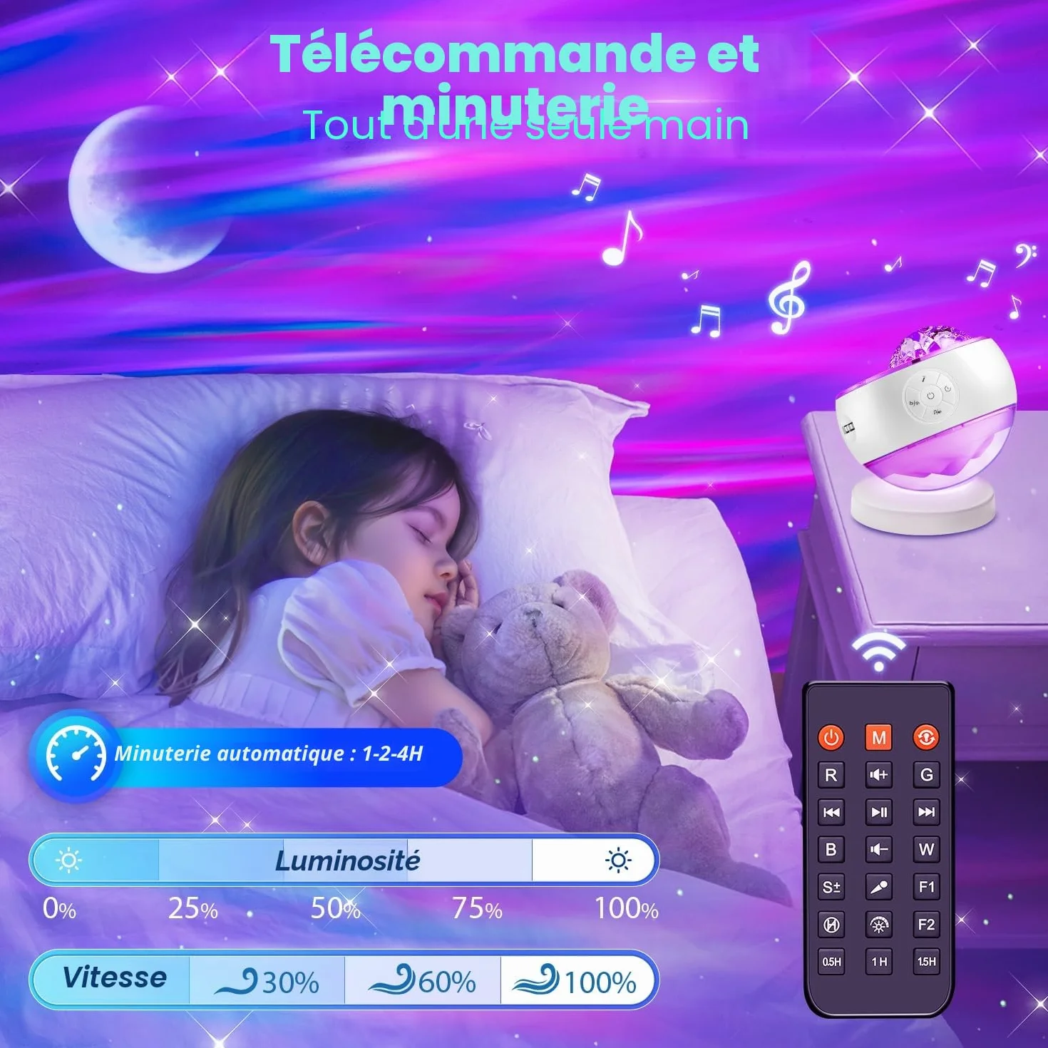 One Fire Projecteur Ciel Étoilé 300 Modes Galaxie Lampe Aurore Boréale Bluetooth Bruit Blanc LED Chambre Veilleuse