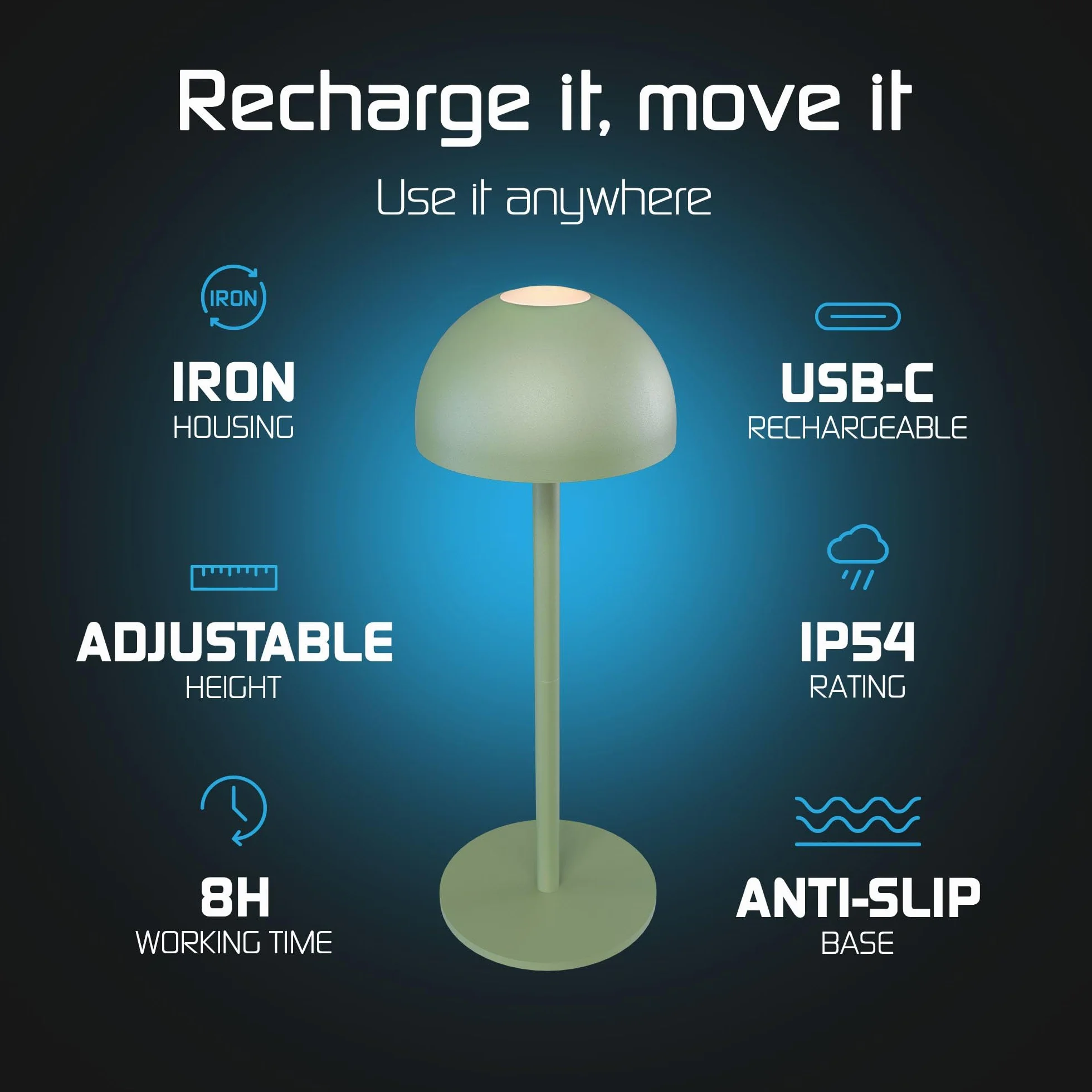 Ledvion Lampe de Table LED Rechargeable 2700K-5000K 110 Lm IP54 USB-C Vert Sauge