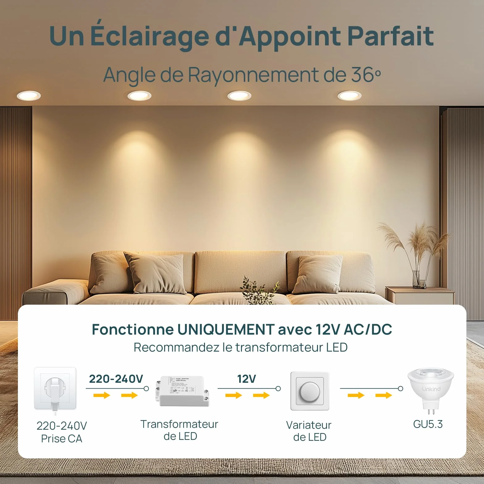 Linkind Ampoules LED GU5.3 MR16 12V 5W Blanc Chaud 2700K 520LM Lot de 5