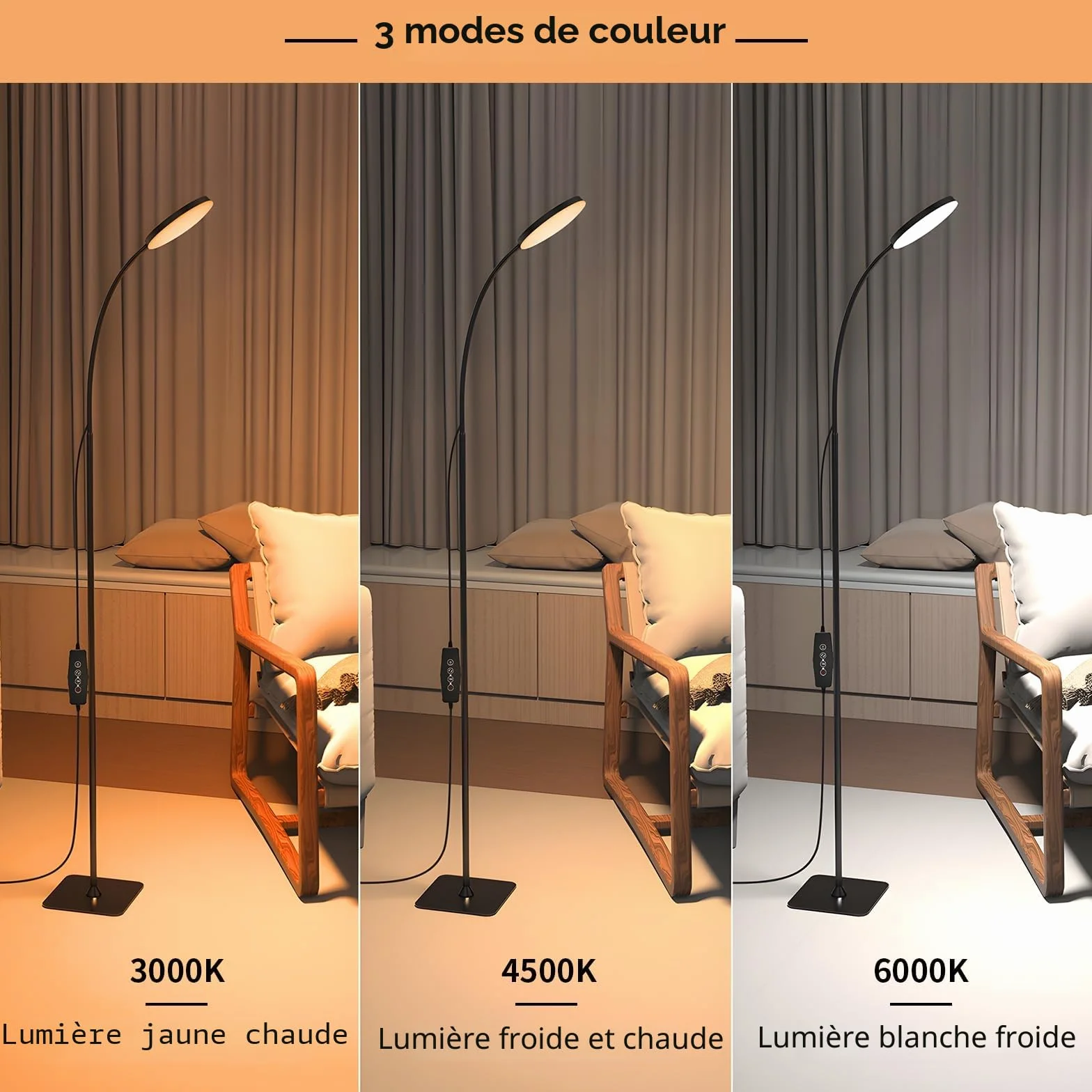Mojimdo Lampadaire avec télécommande LED fin sur pied, gradation 3 couleurs 10 luminosités, flexible