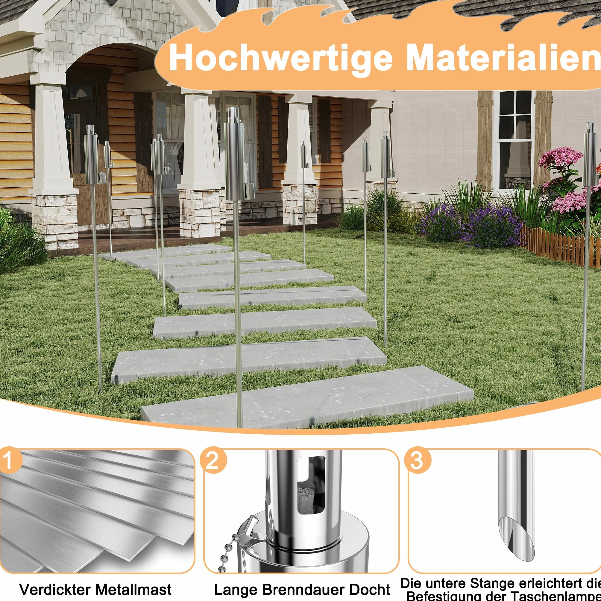 Lot de 6 torches de jardin en acier inoxydable 330 ml 115 cm longue durée combustion huile paraffine