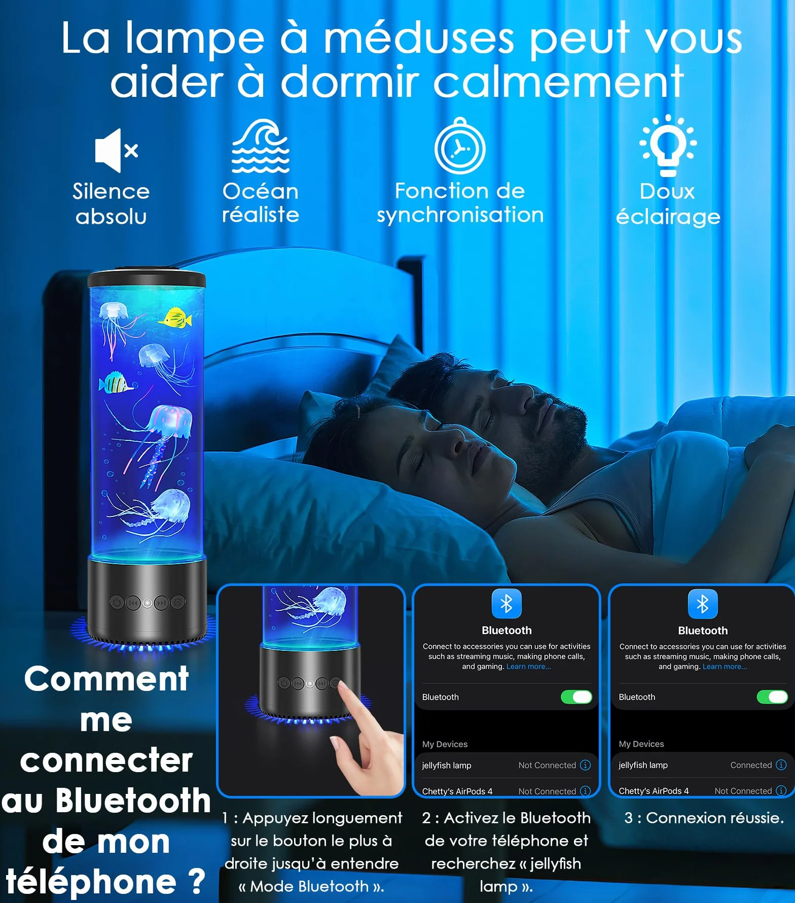Radikor Lampe Méduse Bluetooth avec 12 Bruits Blancs, 10 Couleurs et Télécommande, Lampe Jellyfish Lumineuse pour Enfants Adultes