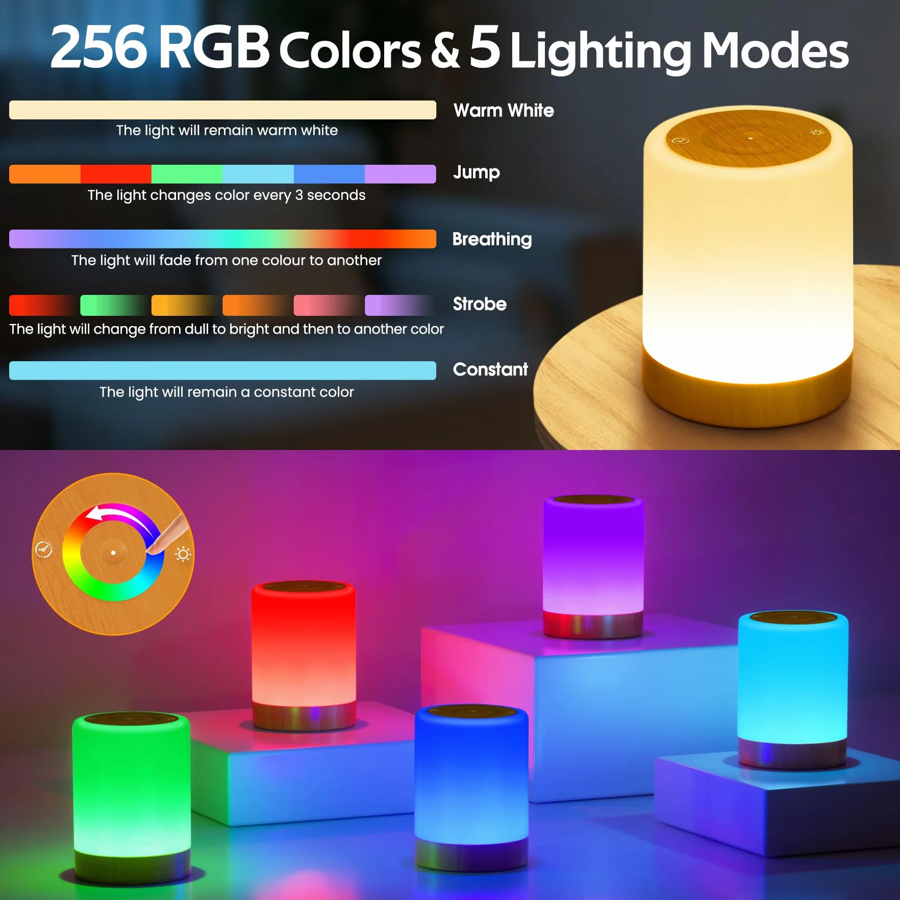 Lampe de Chevet Tactile 5 Modes 256 Couleurs RVB LED Rechargeable USB Sans Fil