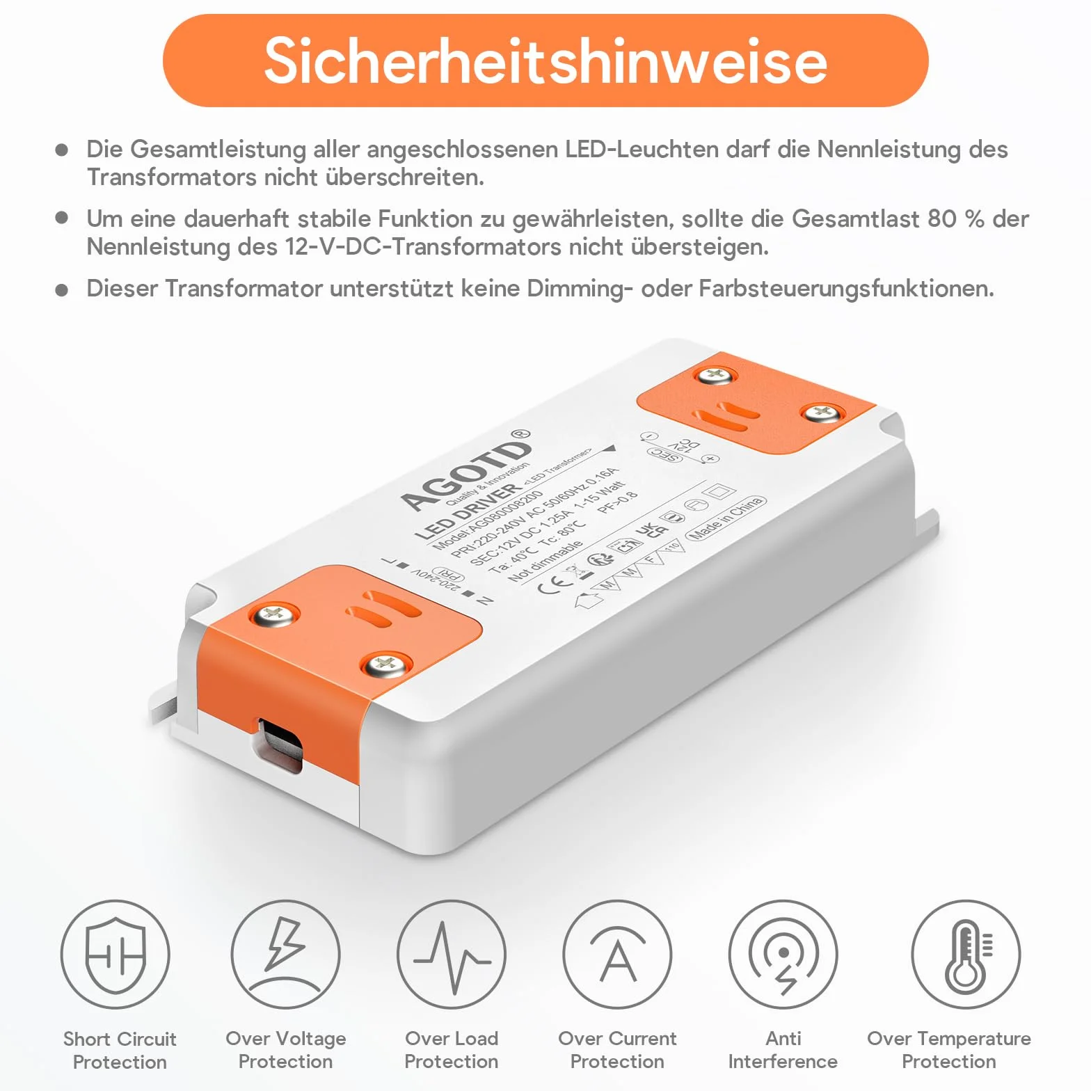 Transformateur LED 220-240V DC 12V 15W Driver Alimentation Tension Constante