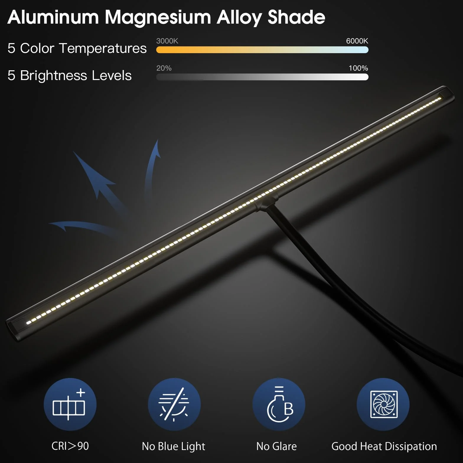 EYOCEAN Lampe de Bureau LED, Gradation et Températures de Couleur Réglables, Tige Télescopique