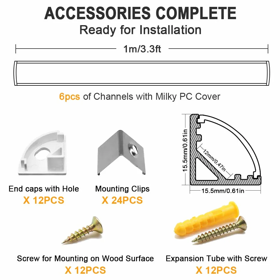 Profilé Aluminium LED V-Forme 6x1mètre avec Couvercle Blanc Laiteux, Embouts, Clips et Connecteurs
