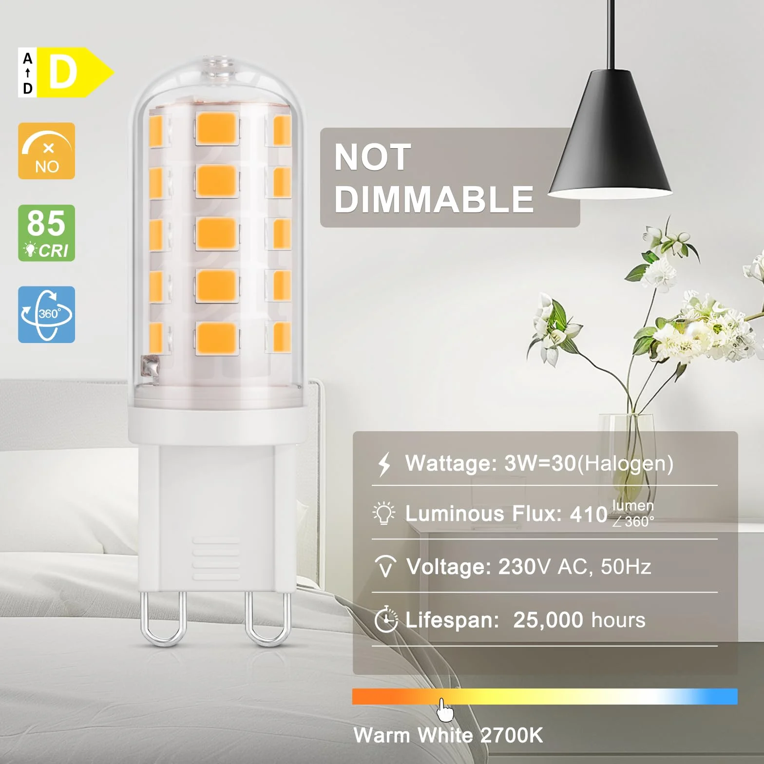 DiCUNO Ampoule LED G9 3W 2700K Blanc Chaud 410lm CRI 85 230V Non-Dimmable 6 Pièces