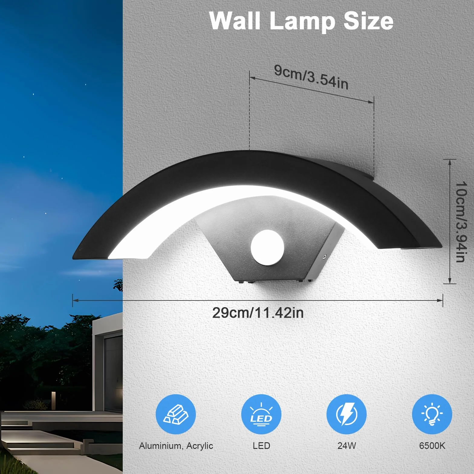 Comely 24W Applique Murale Exterieure LED IP65 Détecteur de Mouvement 6500K Noir