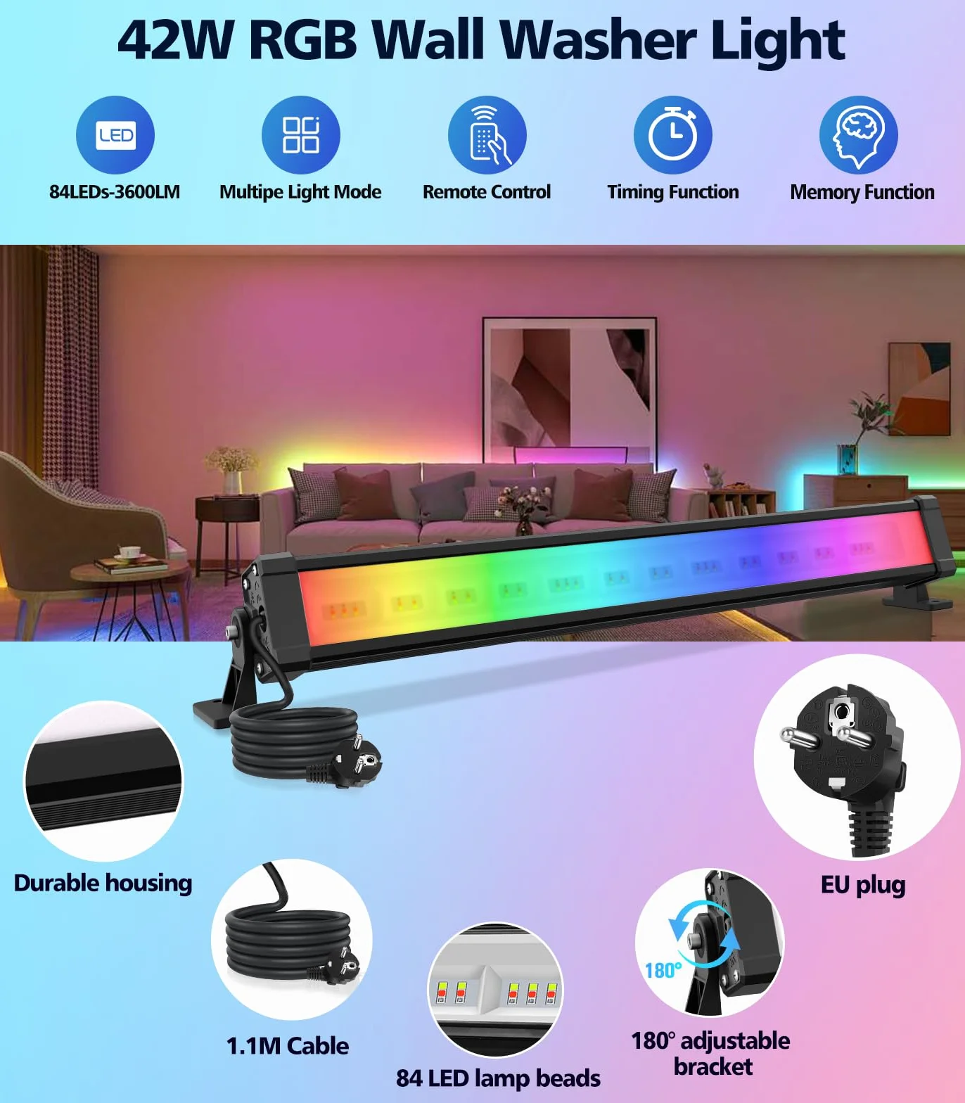MEIHUA Projecteur LED RGB 42W 2Pack IP66 Étanche 10 Couleurs 30 Modes Luminosité Réglable