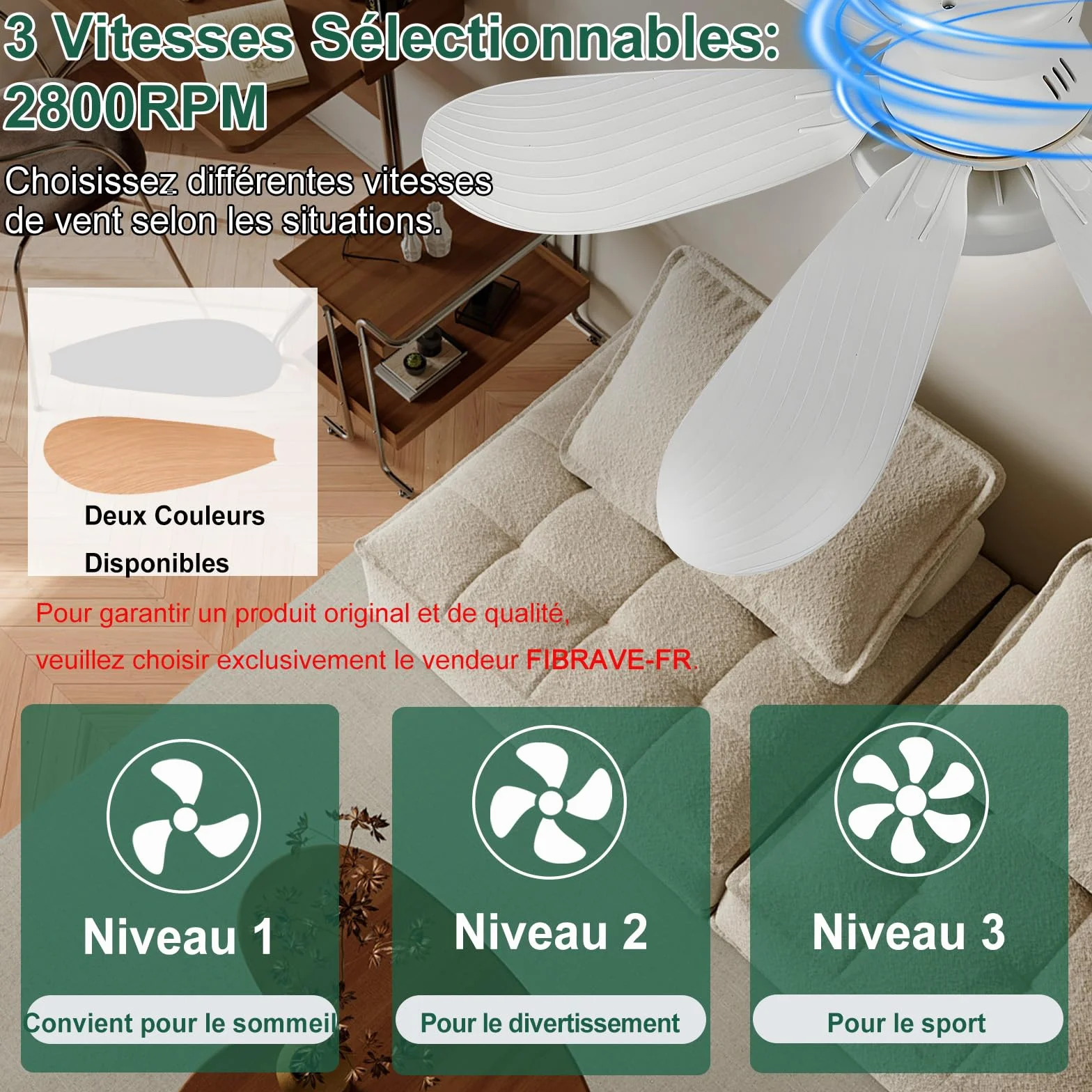 Ventilateur de Plafond avec Lumière Télécommande 52CM 30W 1800 Lumen 3000-6500K 3 Couleurs 3 Vitesses E27 Blanc