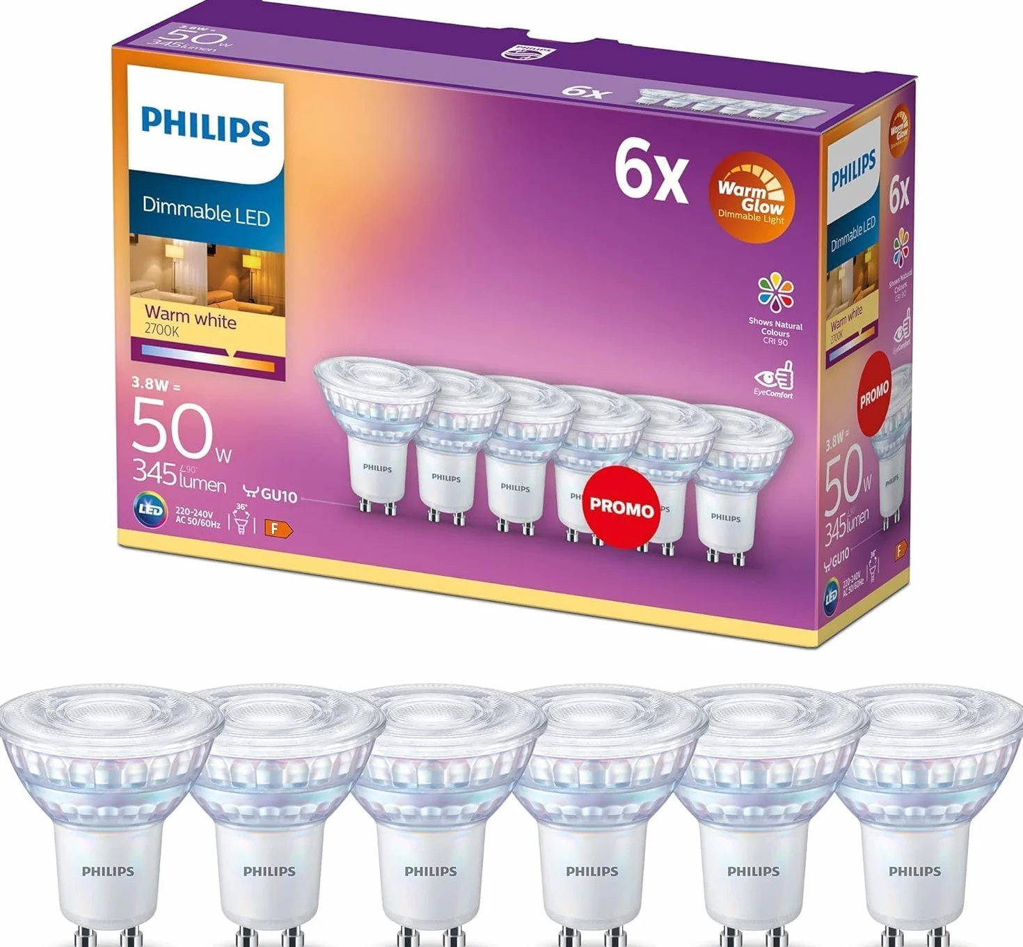 Philips ampoule LED GU10 C90 Blanc chaud Dimmable Verre Lot de 6