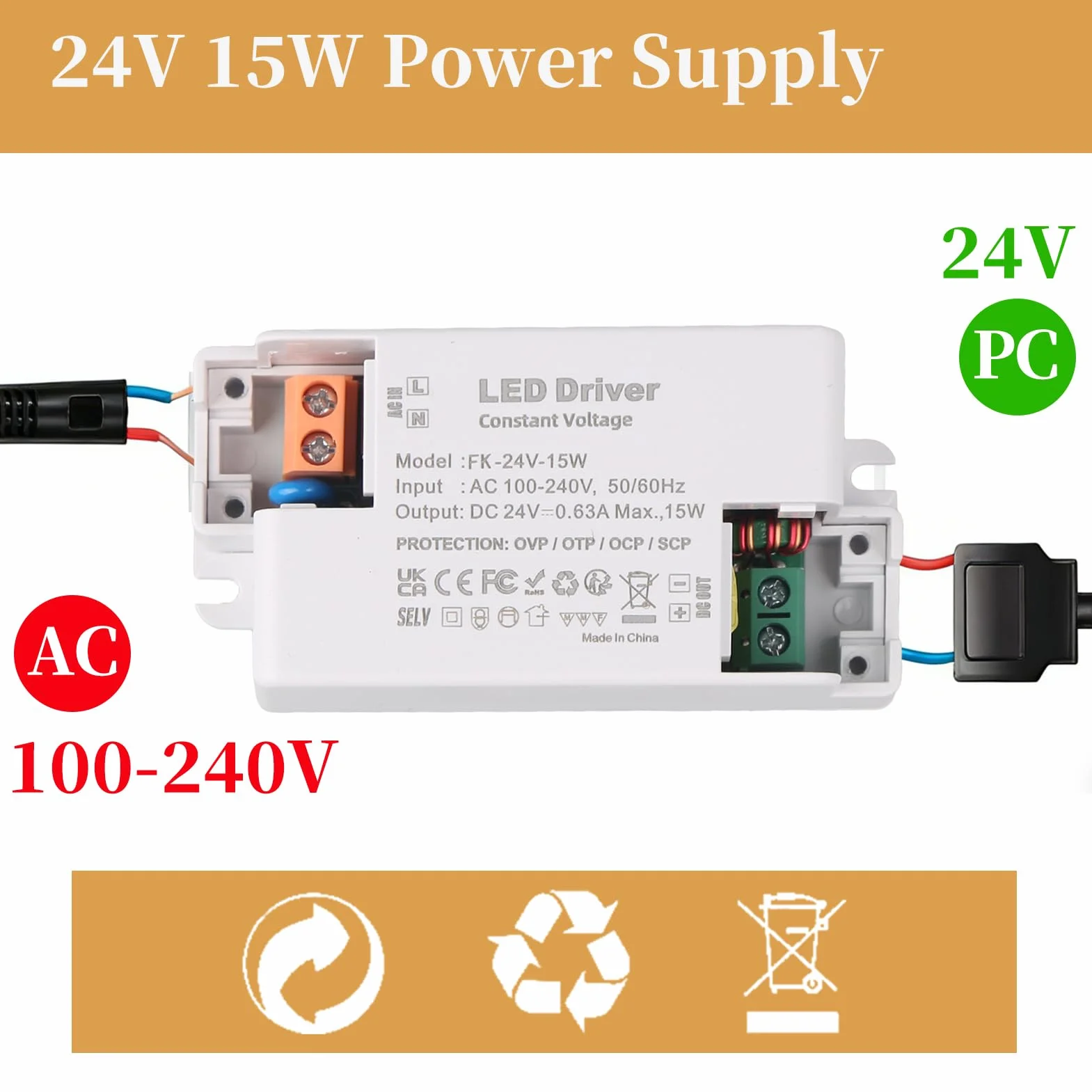 Transformateur LED 24V 15W 630mA Non Dimmable pour Bandes Lampes MR16 G4 GU5.3