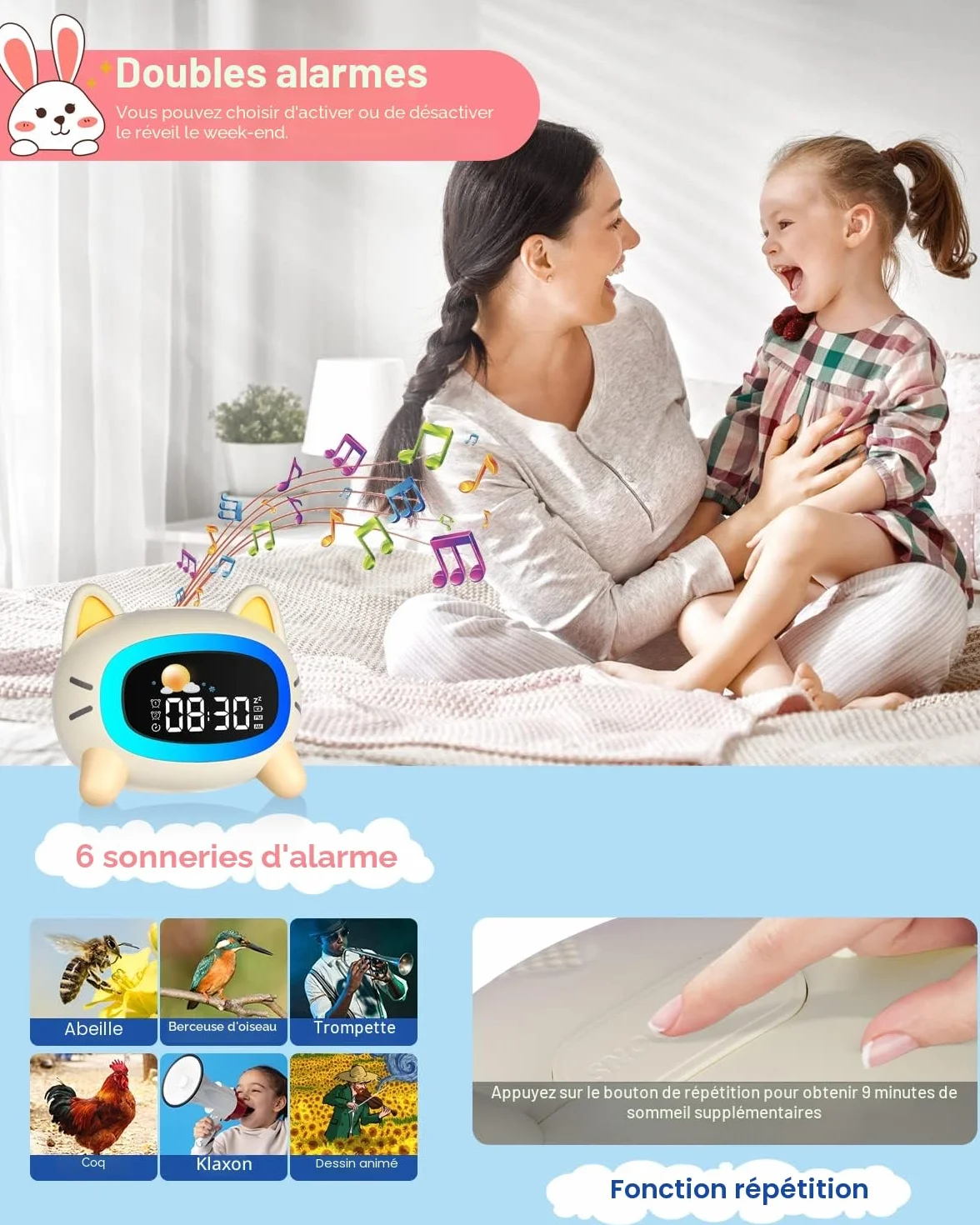 Réveils Lumineux pour Enfants avec 5 Veilleuses, 4 Niveaux de Lumière Réglables et 7 Musiques de Sommeil, Réveil Rechargeable avec Snooze