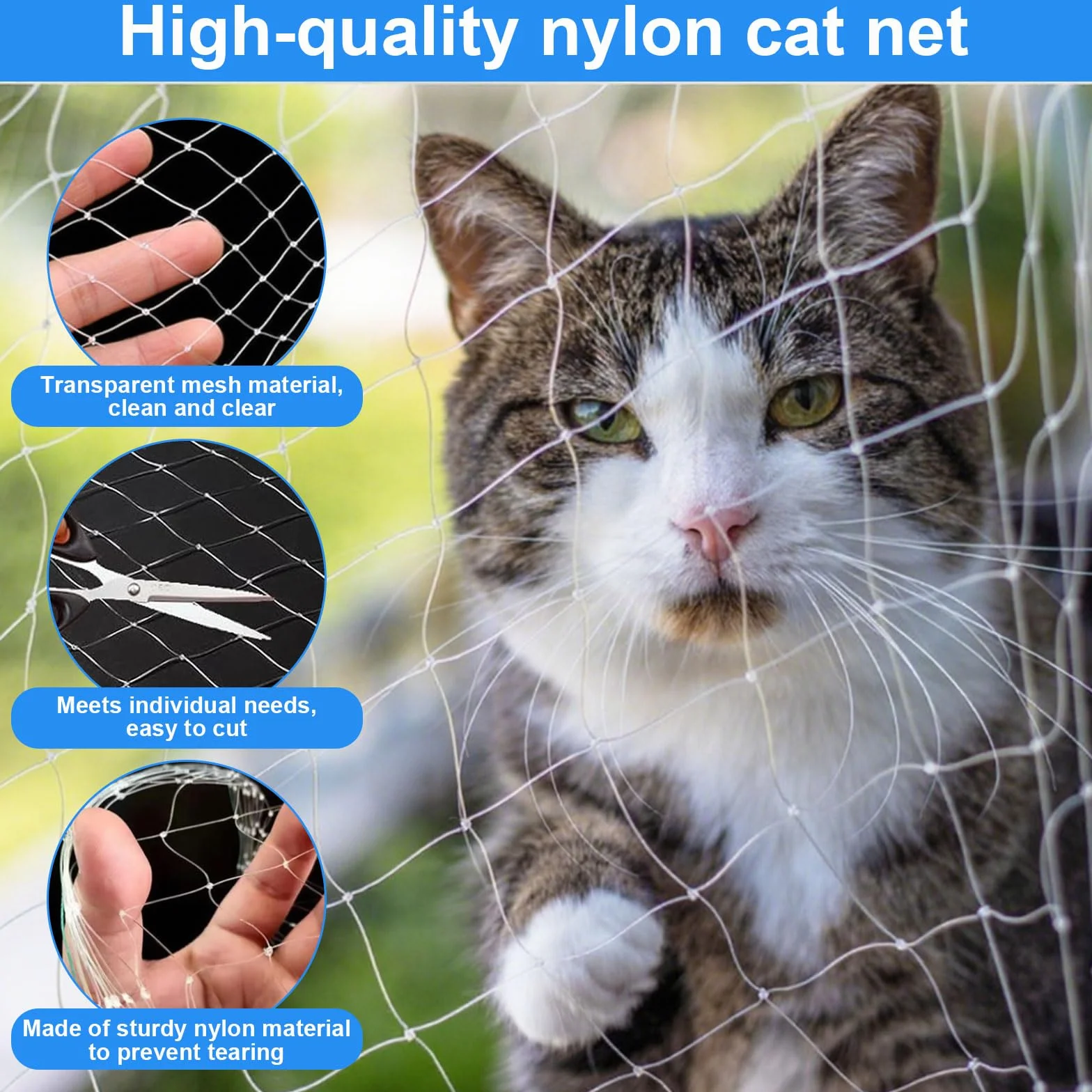 Filet de Protection Chat Transparent 4x3m Anti-Oiseaux 2,5cm Balcon sans Perçage avec Corde Fixe (Blanc)