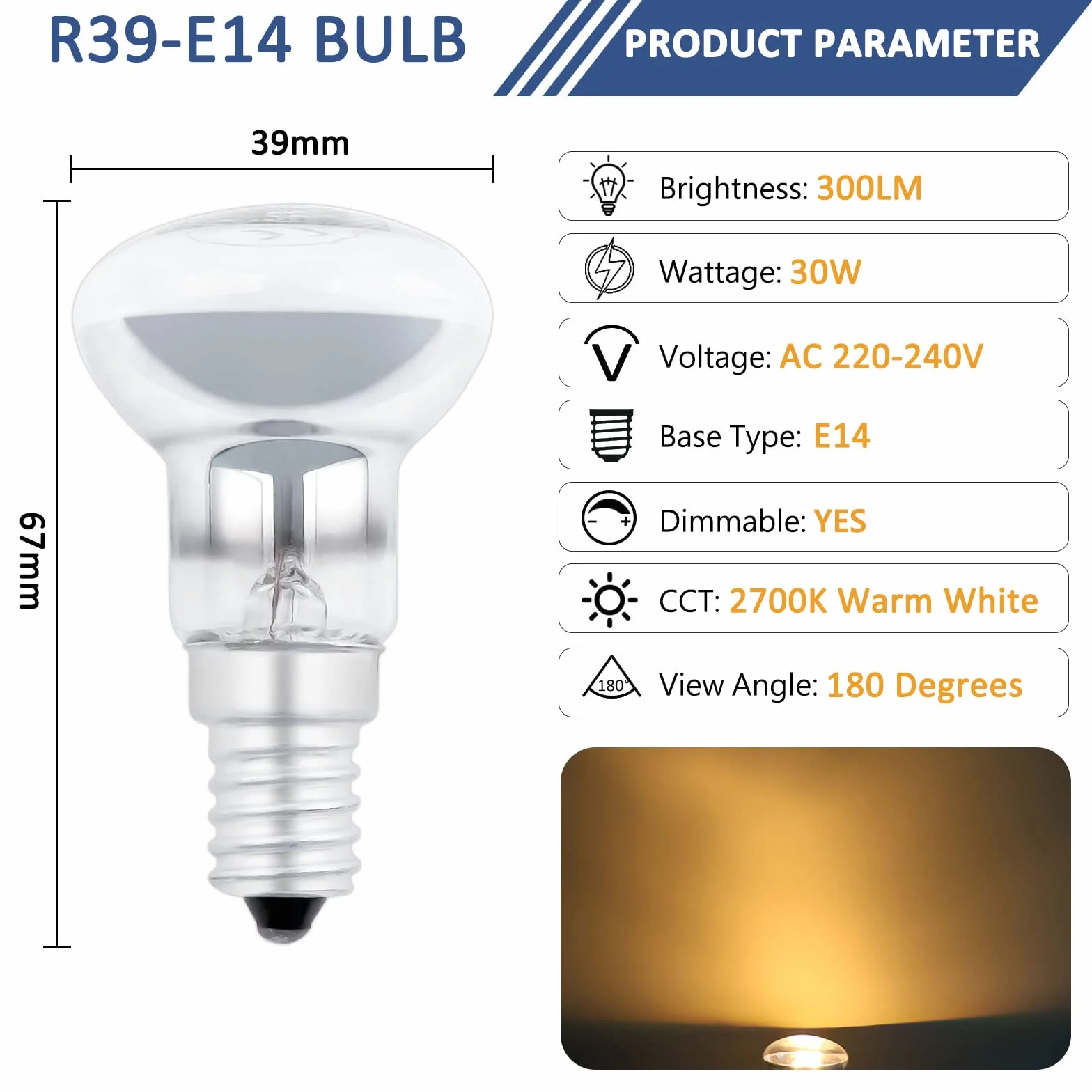 Ampoules à Réflecteur R39 E14 30W Dimmable 2700K Blanc Chaud 300LM AC 230V SES Petite Vis Edison 3 Pack