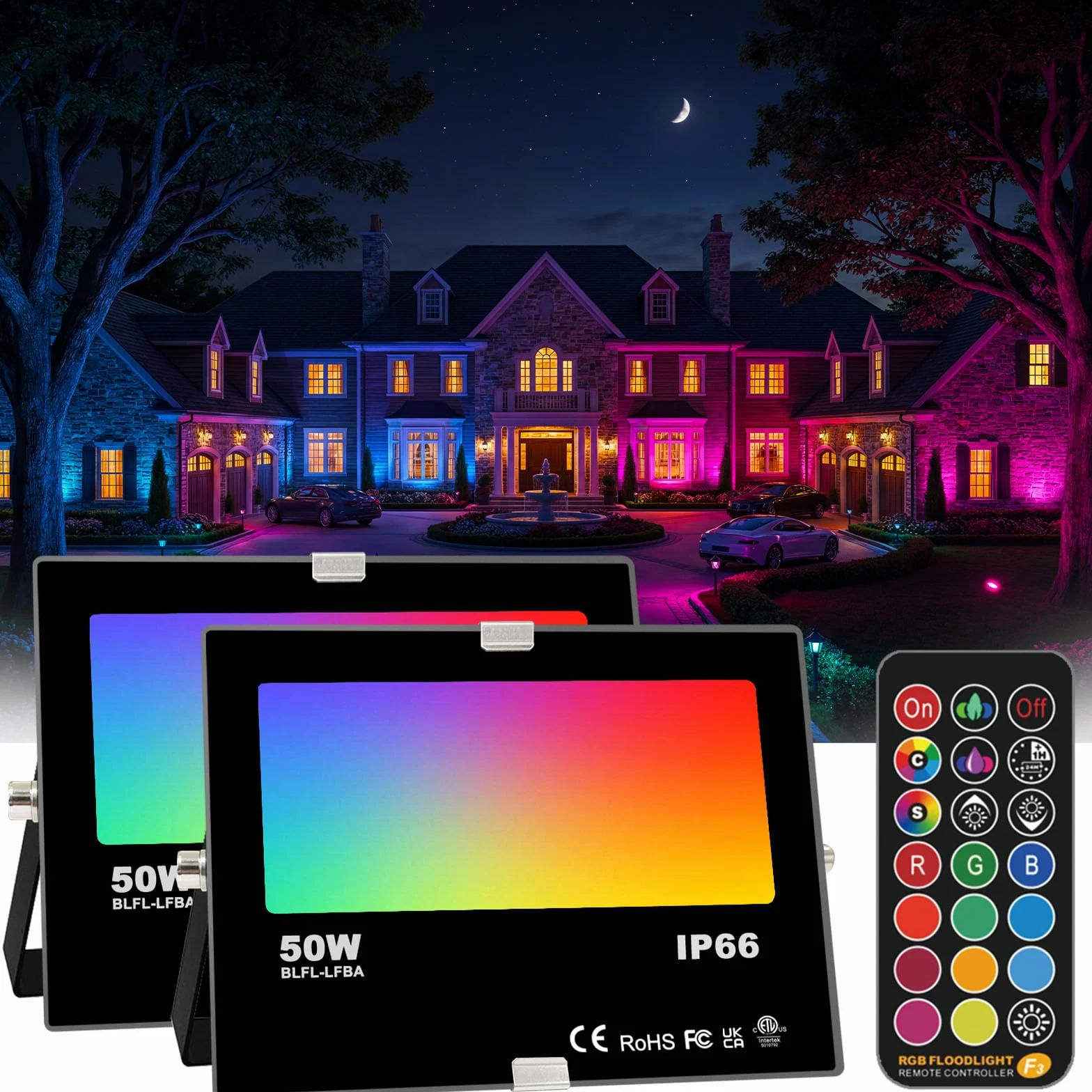 Projecteur LED RGB Extérieur 50W IP66 Étanche 12 Couleurs Télécommande