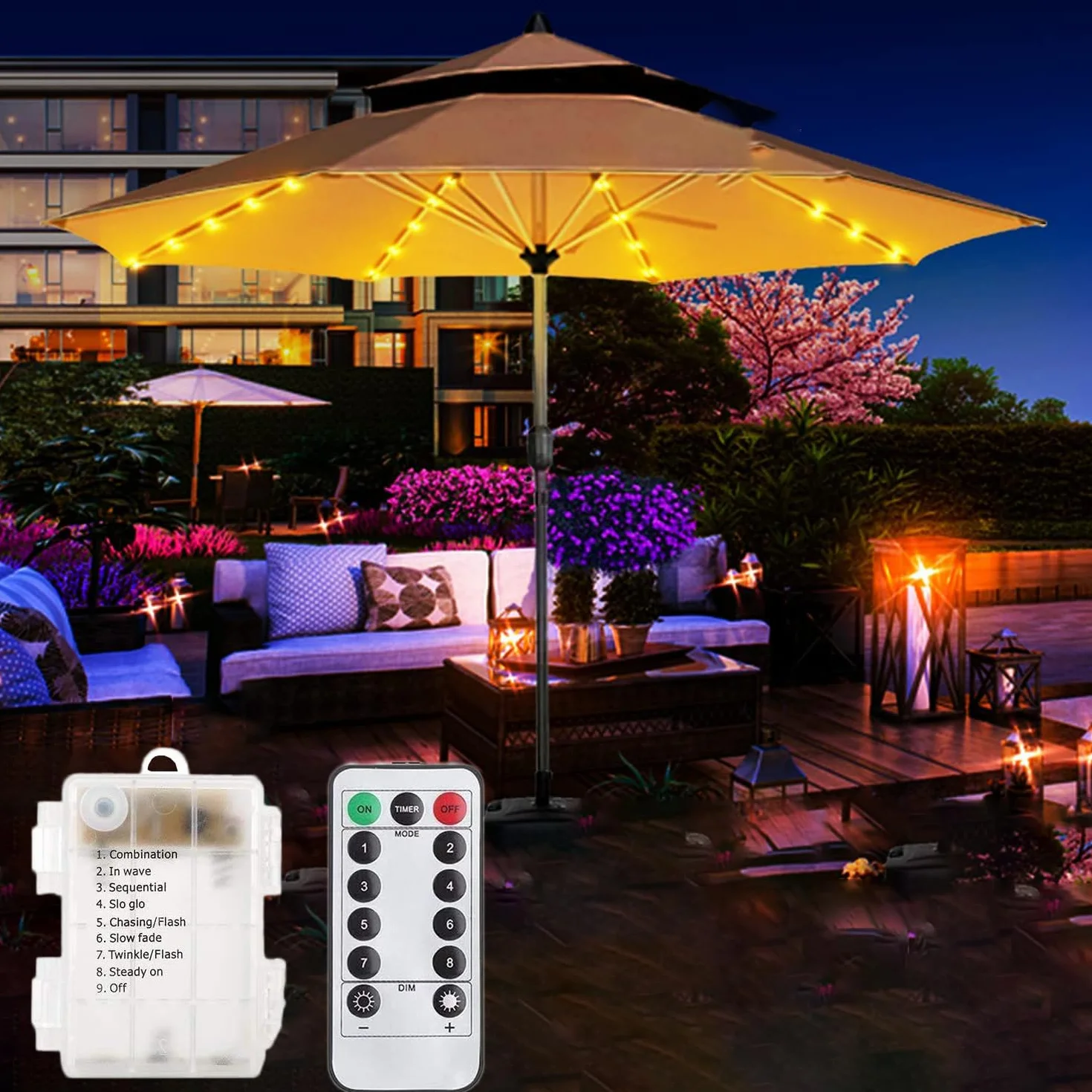 KINGCOO Guirlande Lumineuse Parasol 104LED Etanche Lampes pour Parasol de patio à piles Télécommande 8 Modes Blanc chaud