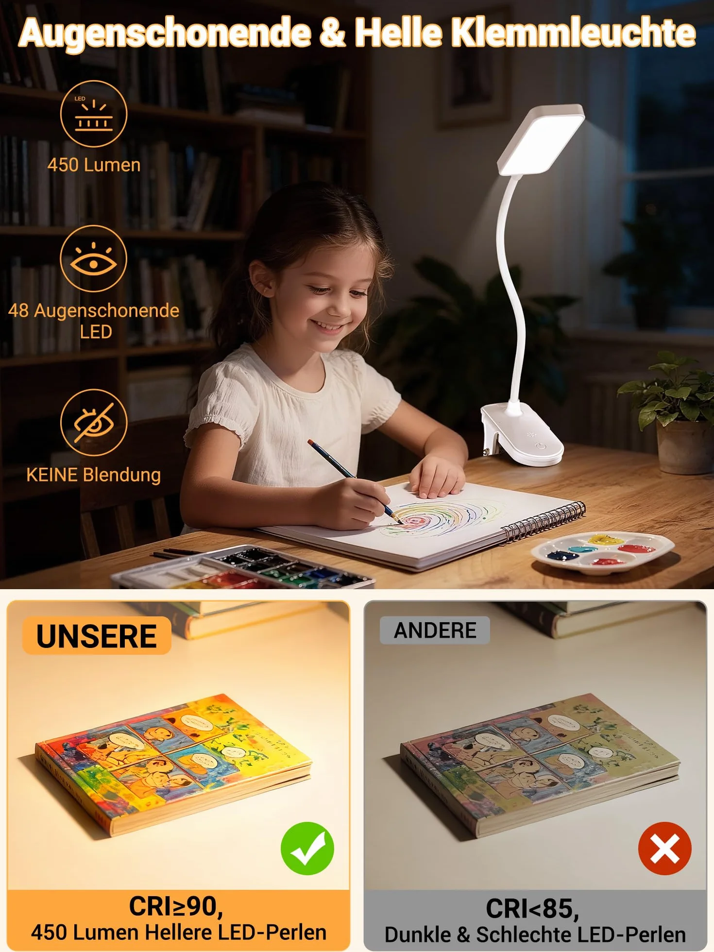 Lampe de Lecture à Pince 5 Couleurs 9 Luminosité Lampe LED Rechargeable 4000mAh 450 Lumen Sans Fil Flexible