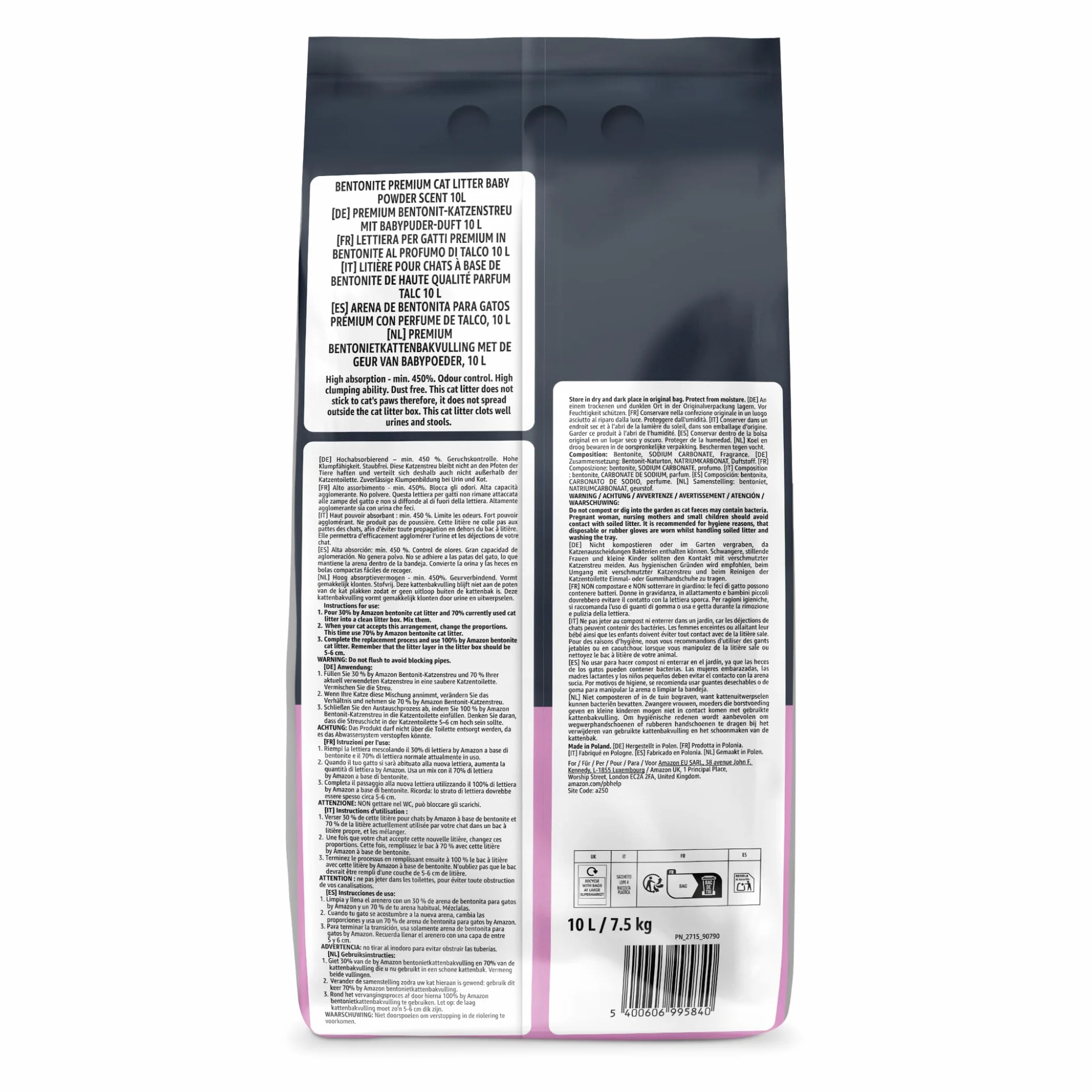 Amazon Litière pour Chat Premium avec Bentonite, Parfum Talc, 10L