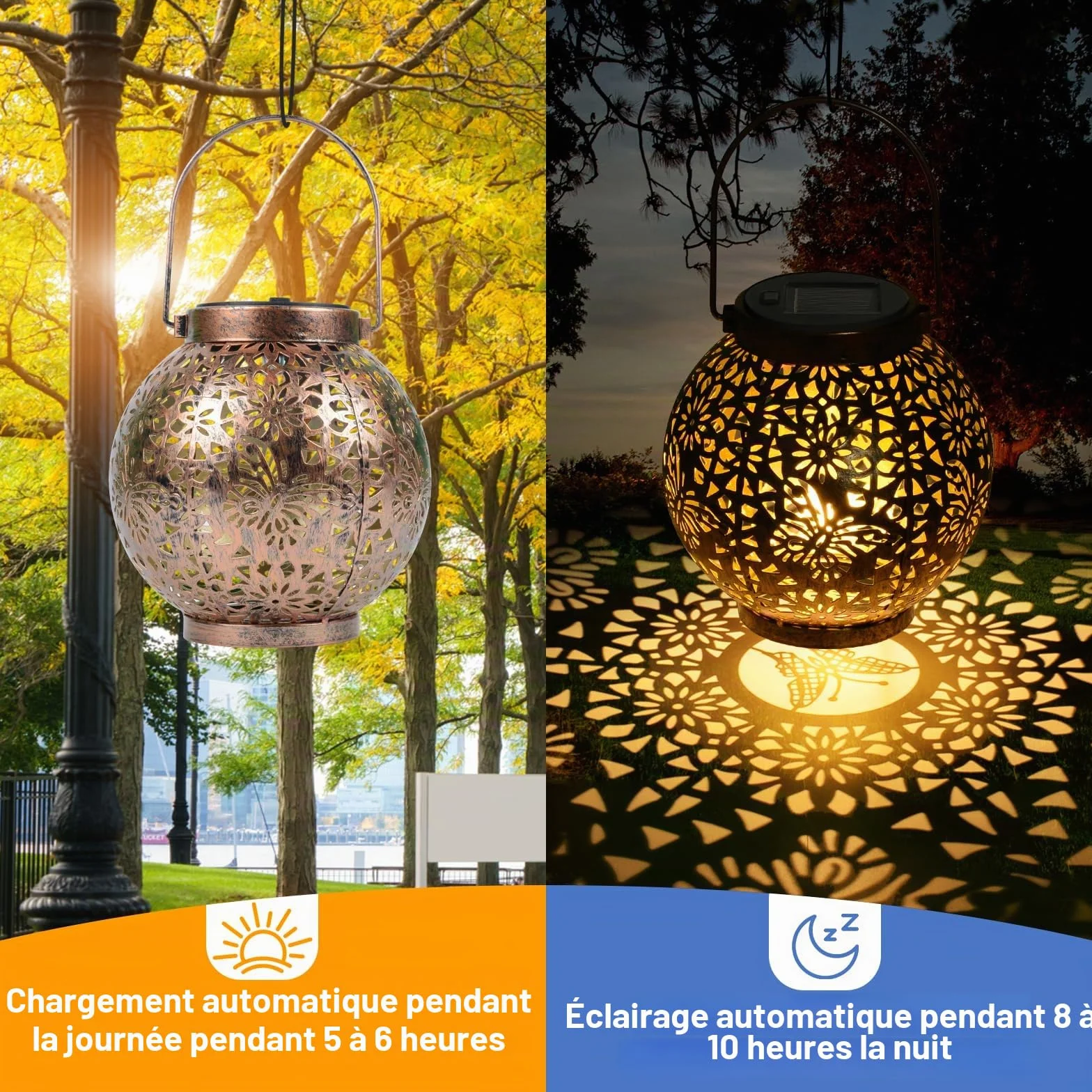Qoosea Lampe Solaire Extérieur Metal Suspension LED Papillon Imperméable Lanternes Décoratives Évidées pour Patio Jardin Allée