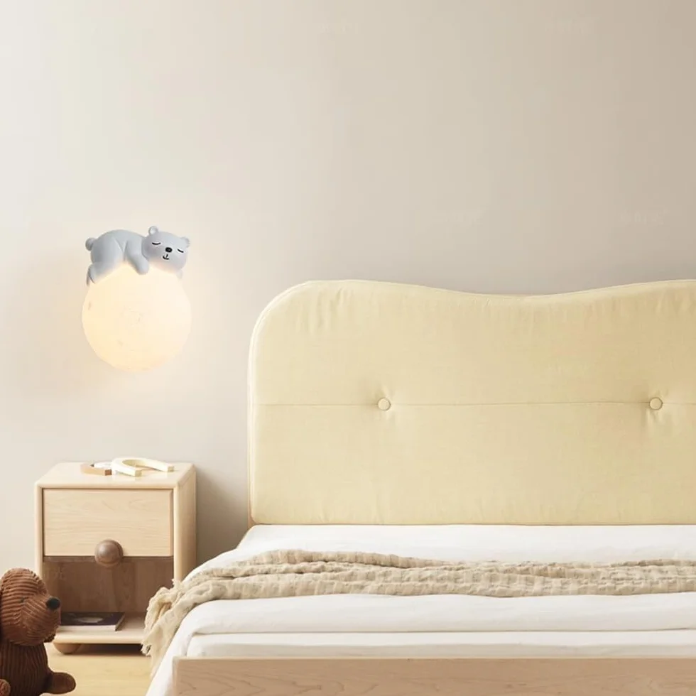 Applique Murale Chambre d'Enfants Lune Moderne Bois Résine Ours Abat-Jour PLA G9 Créatif Chevet Décor Luminaire
