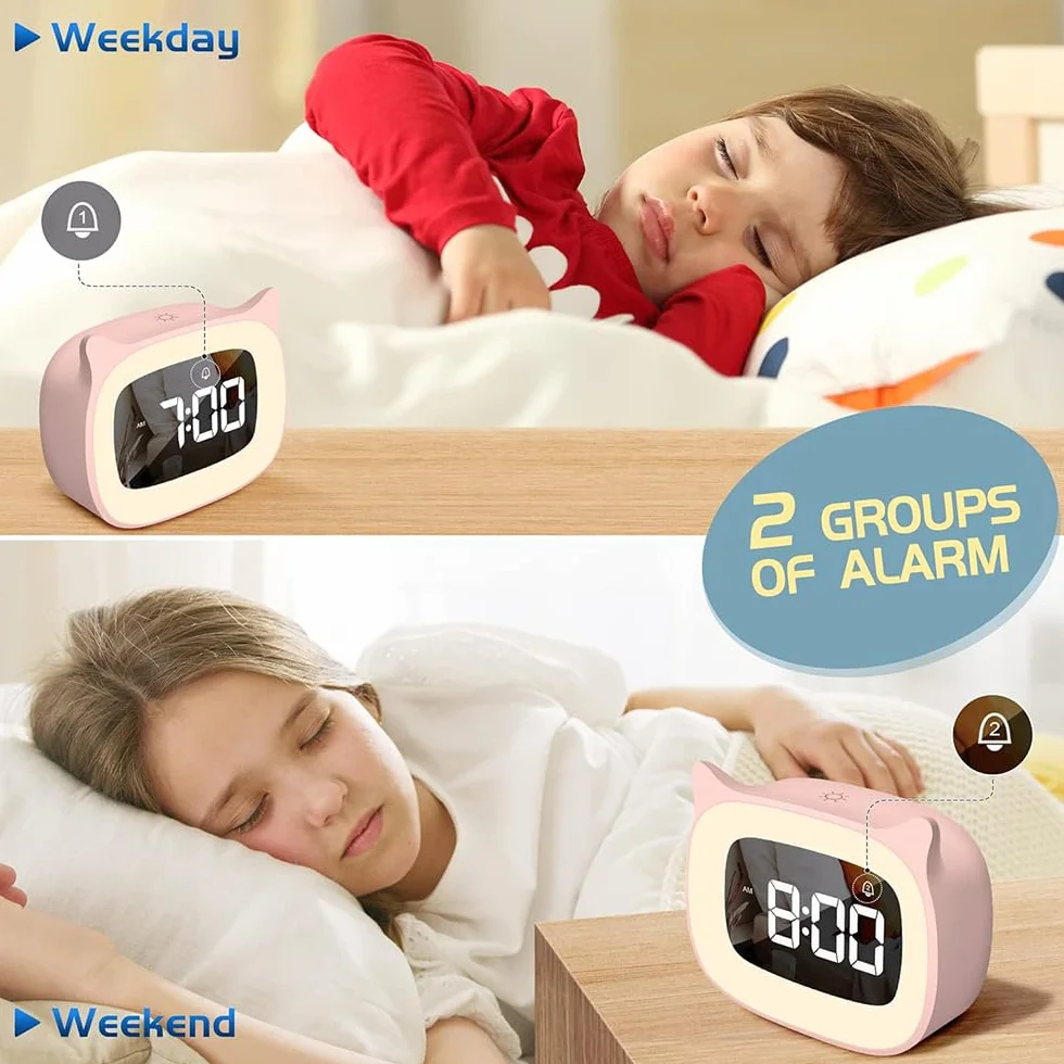 Réveil Enfant Éducatif LED Veilleuse Pendule Chambre Kid 5 Couleurs 18 Musiques Cadeau Anniversaire Fille Garçon Rose