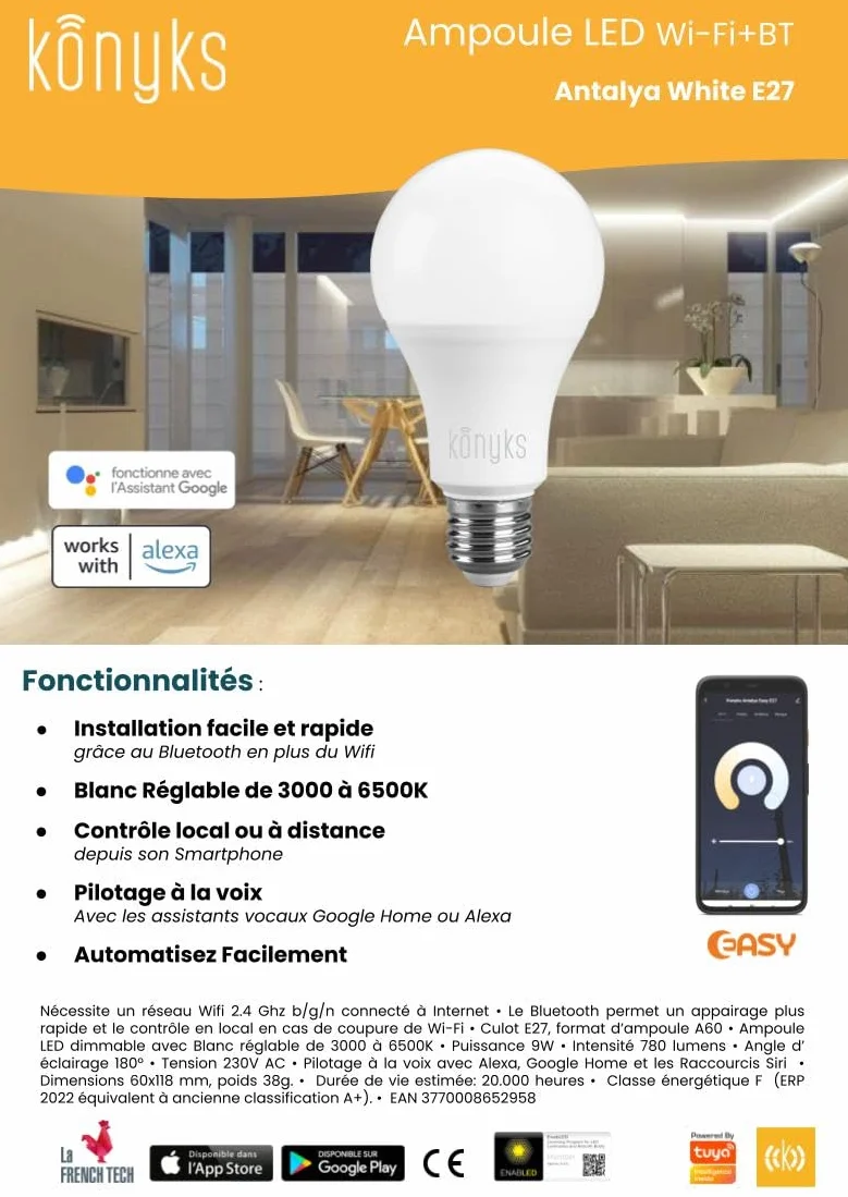 Konyks Ampoule connectée Antalya White E27 LED WiFi BT 780 Lumens 9 W Blanc réglable compatible Alexa Google Home Pack de 2